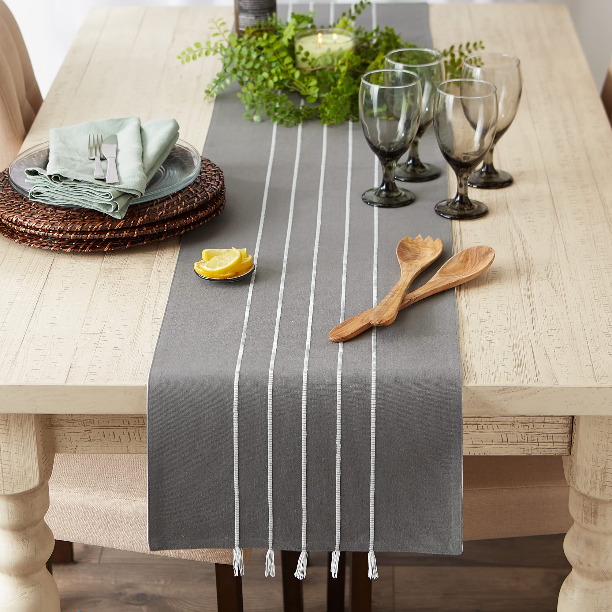 GRAY/ WHITE STRIPE TASSEL TABLE RUNNER 14x108
