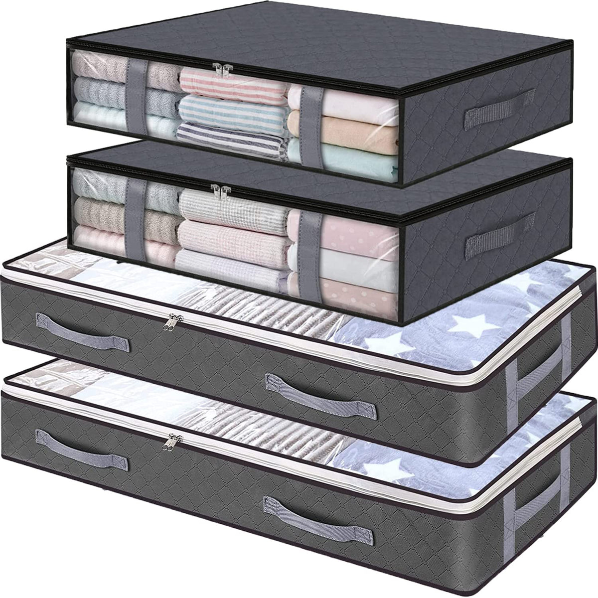 ASANMEYO Under Bed Storage Containers, 4-Pack Large Capacity Underbed Storage Bags Organizer, Thick Fabric Storage Bins with Cle