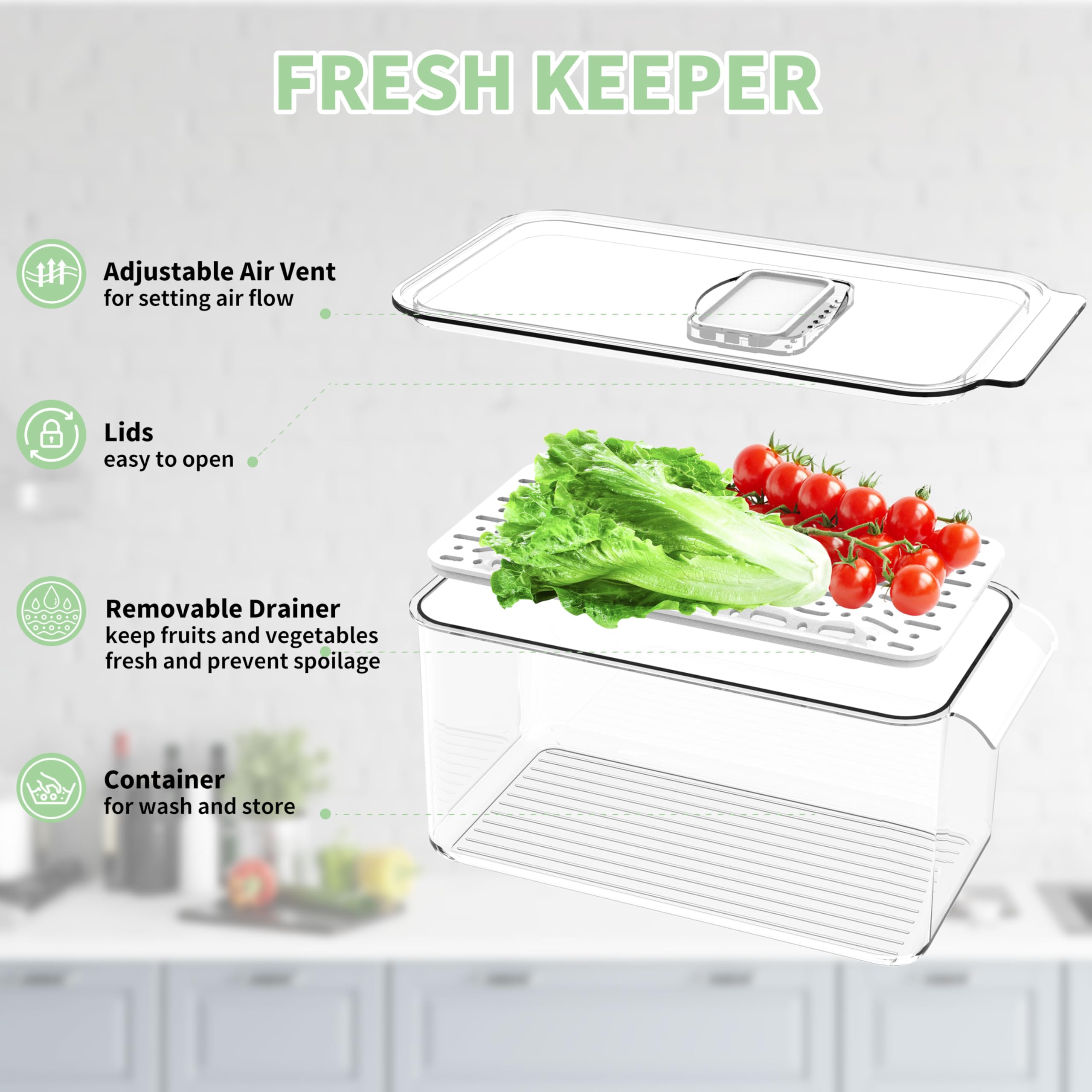 Elabo Food Storage Containers Fridge Produce Saver- 3 Piece Set Stackable Refrigerator Organizer Keeper Drawers Bins Baskets Wit
