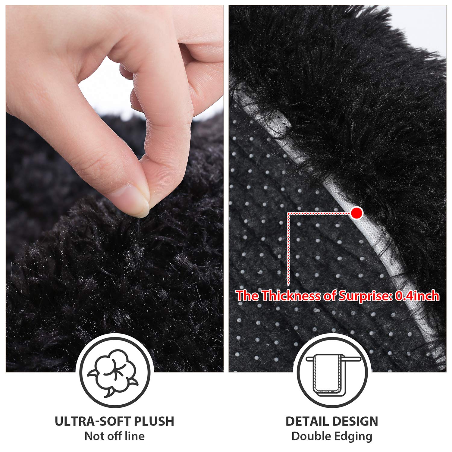 3 Piece Thicken 0.4'' Bath Rugs Set  Bath Rug + Contour Mat + Toilet Seat Cover  Super Long Soft Microfiber Water Absorbent & Non-Slip Bathroom Rugs with PVC Point Rubber Backing (Black)