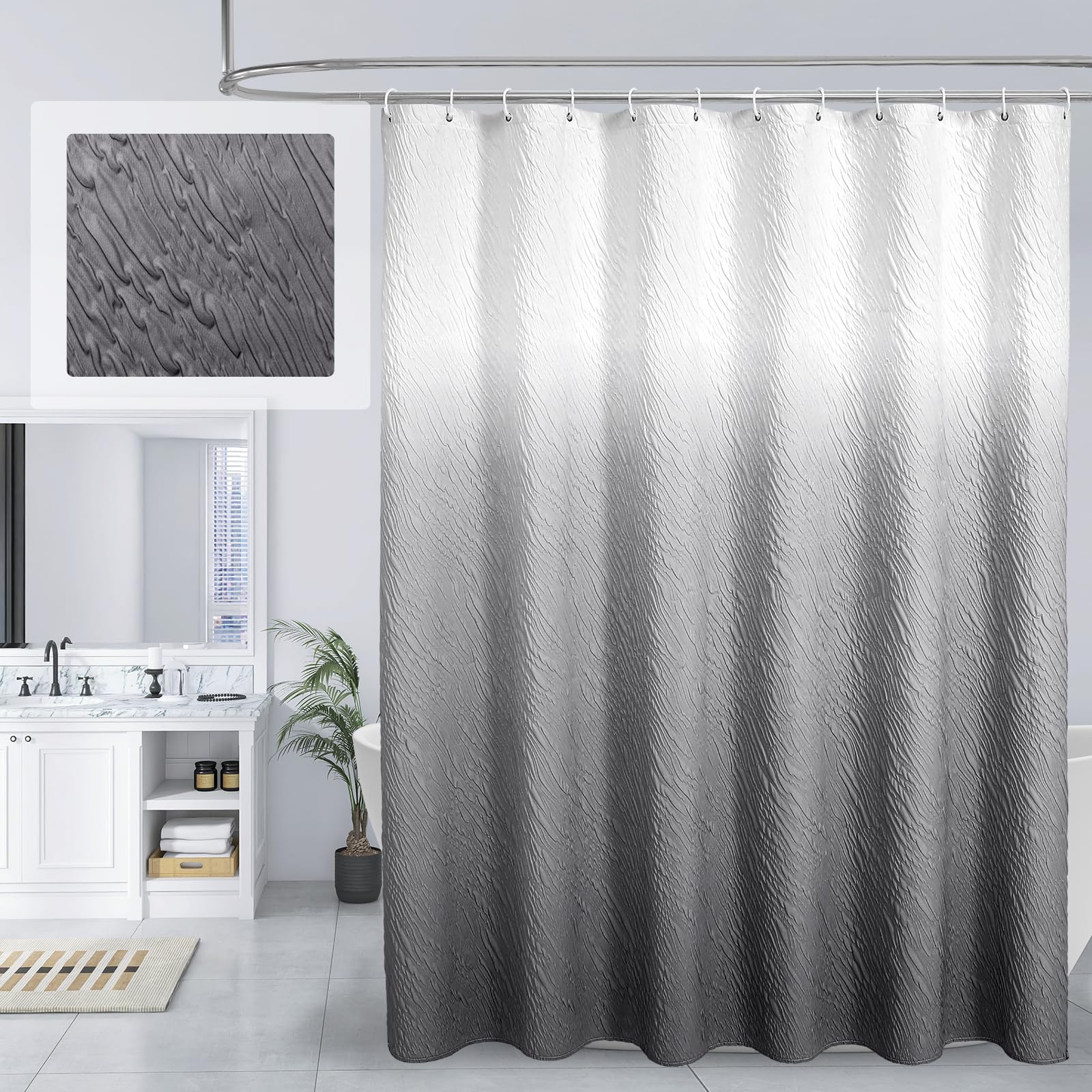 Mitovilla Lavender Shower Curtain, Farmhouse Waves Fabric Shower Curtains For Modern Hotel Bathroom Decor, 3D Geometric Embossed