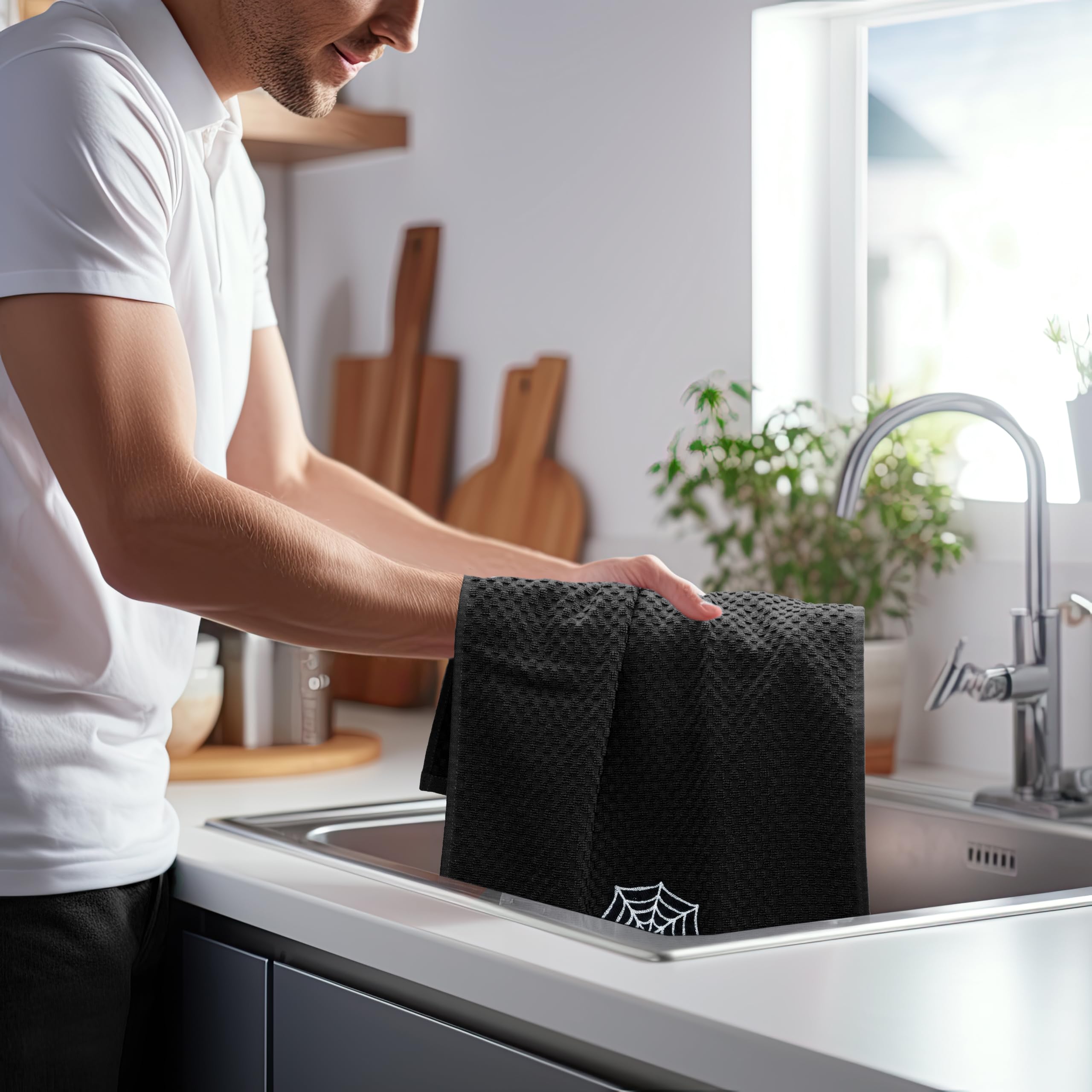 COTTON CRAFT Halloween Kitchen Towels - 4 Pack Spooky Skull Web Bats Jack OLantern Embroidered Terry Towel - 100% Cotton Waffle