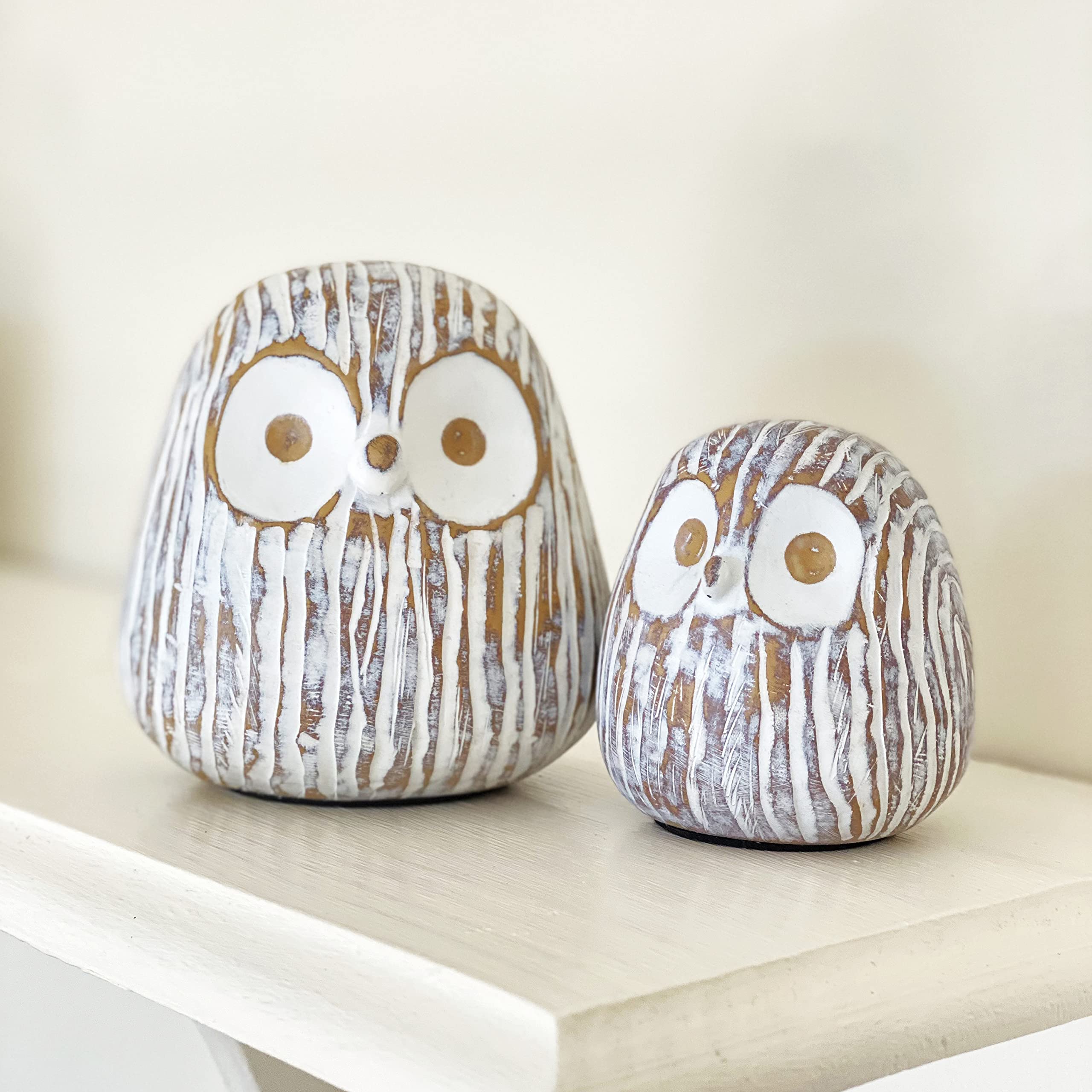 Huey House Chubby Night Owl Decor Statue Sculpture, Bookshelf Decor Accents, Boxed Set of 2 Rustic Brown & White (3? & 4? inches