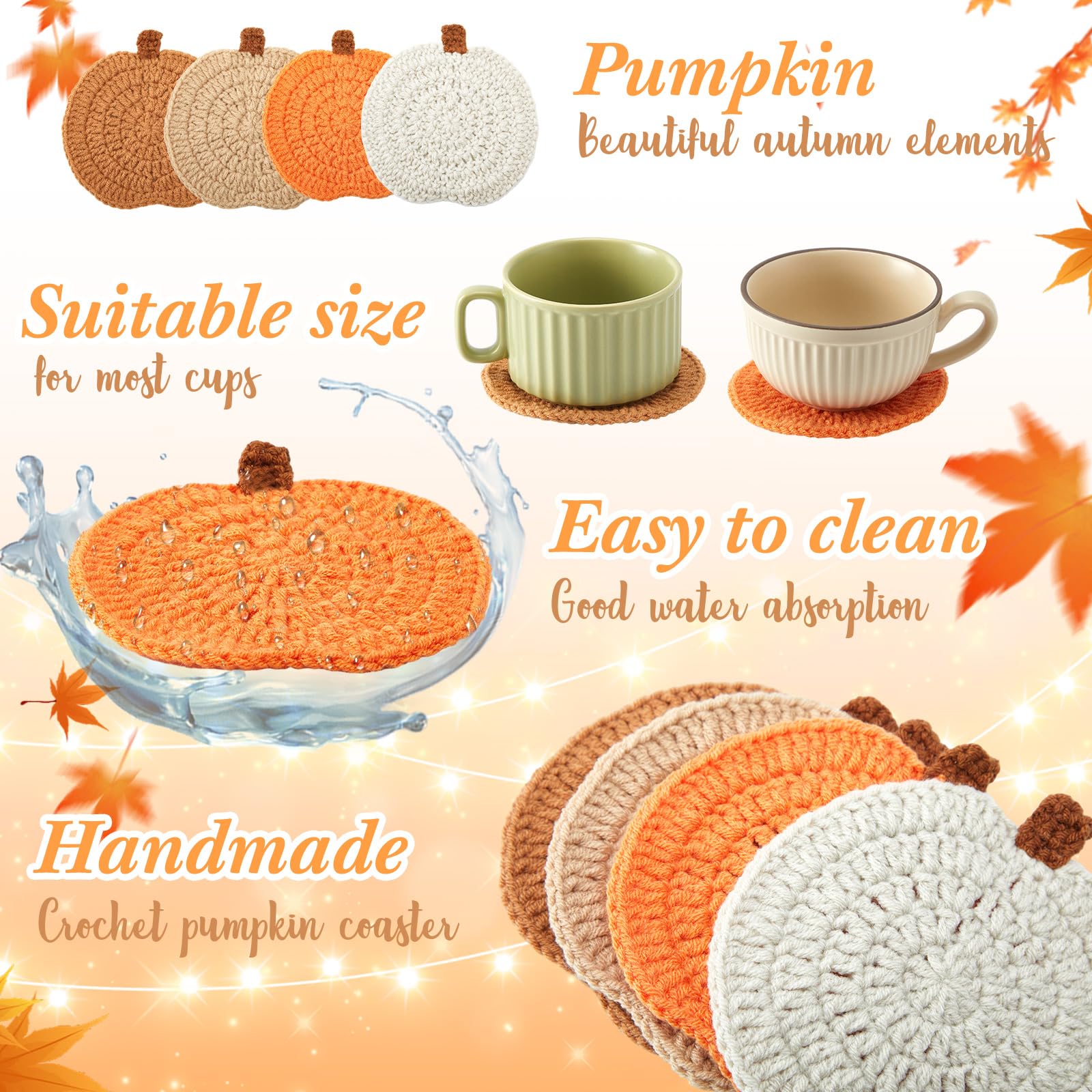 Hushee 4 Pcs Fall Coasters Crochet Thanksgiving Pumpkin Coaster 4.72 Inch Orange Home Decor Handmade Woven Pumpkin Drink Cup Pad