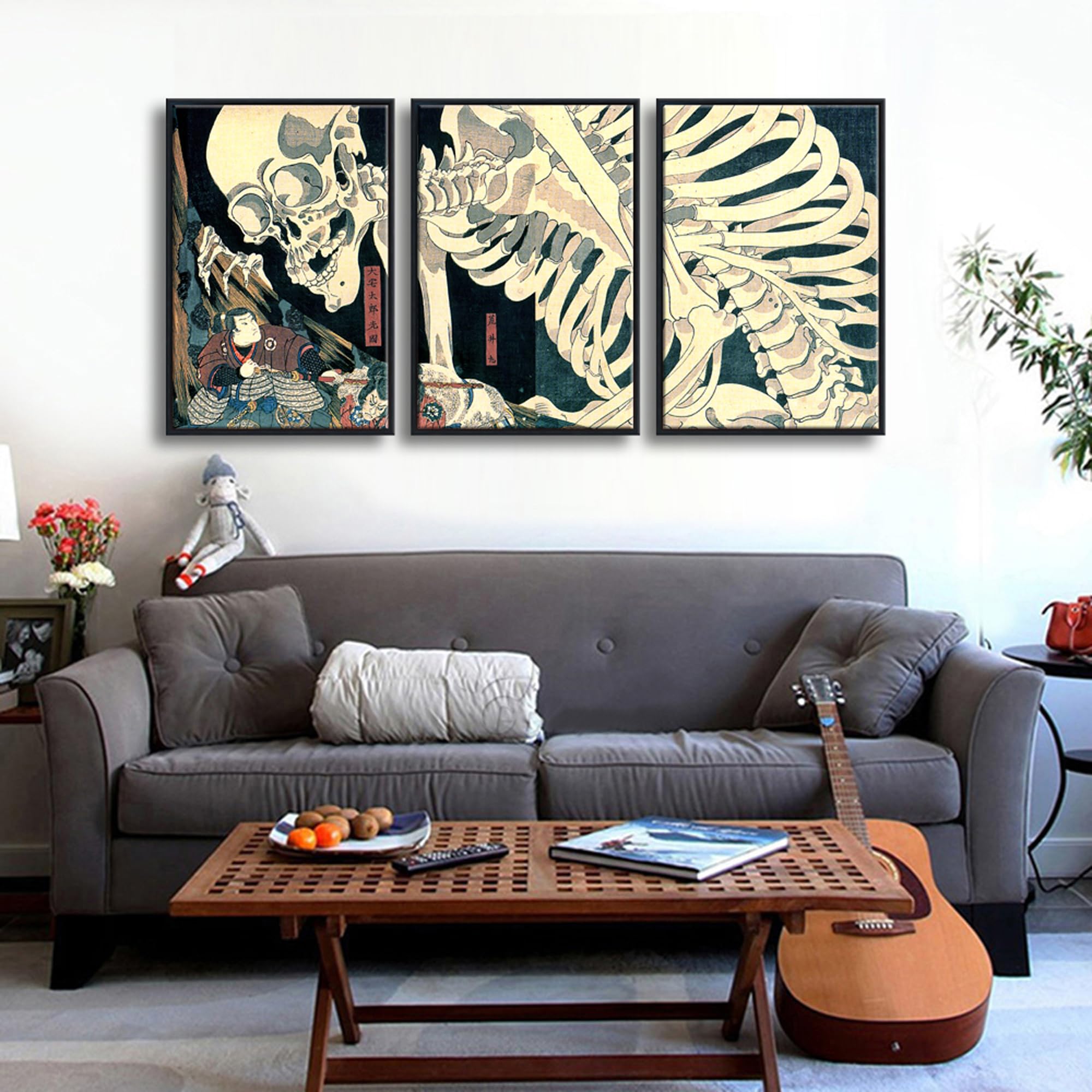Wieco Art Black Framed 3 Piece Witch And Skeleton Ukiyo-E By Utagawa Takiyasha Historic Cultural Illustrations For Living Room B