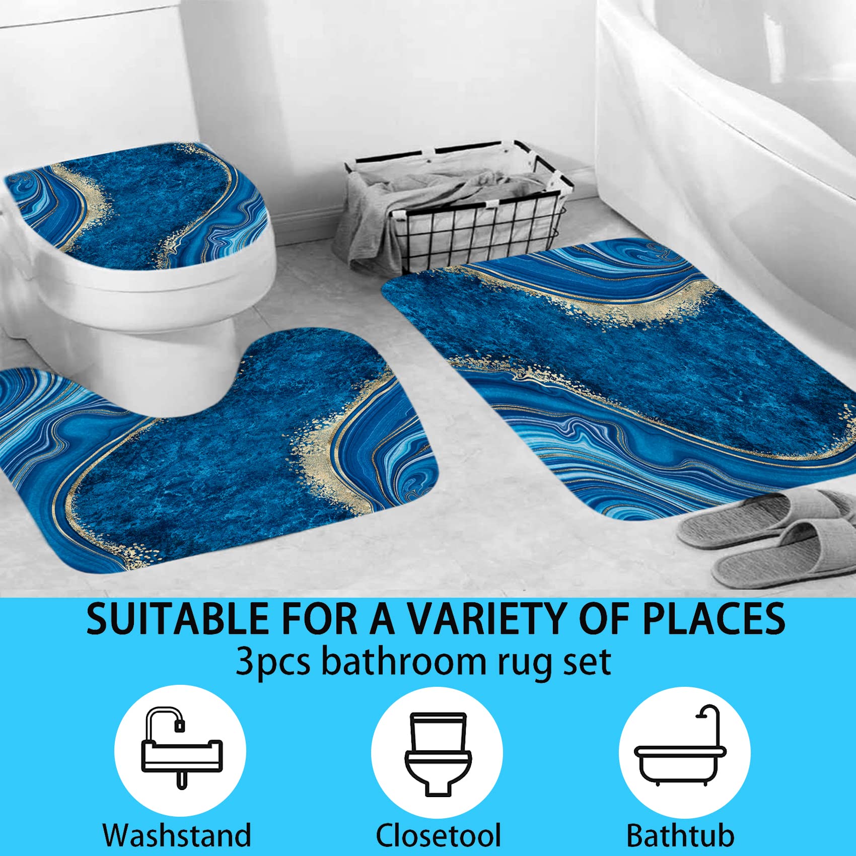 beifivcl 4Pcs Luxury Marble Shower Curtain Sets  Toilet Lid Rug Bath Mat and Contour Mat  Shower Curtain with 12 Hooks for Bathroom Set Decor 72 x 72 Inch  Blue
