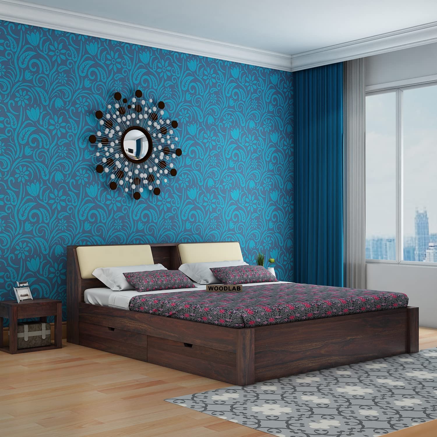 Woodlab Furniture Solid Sheesham Wood King Size Bed For Bedroom With 4 Drawer & Headboard Storage Wooden Double Beds For Living 