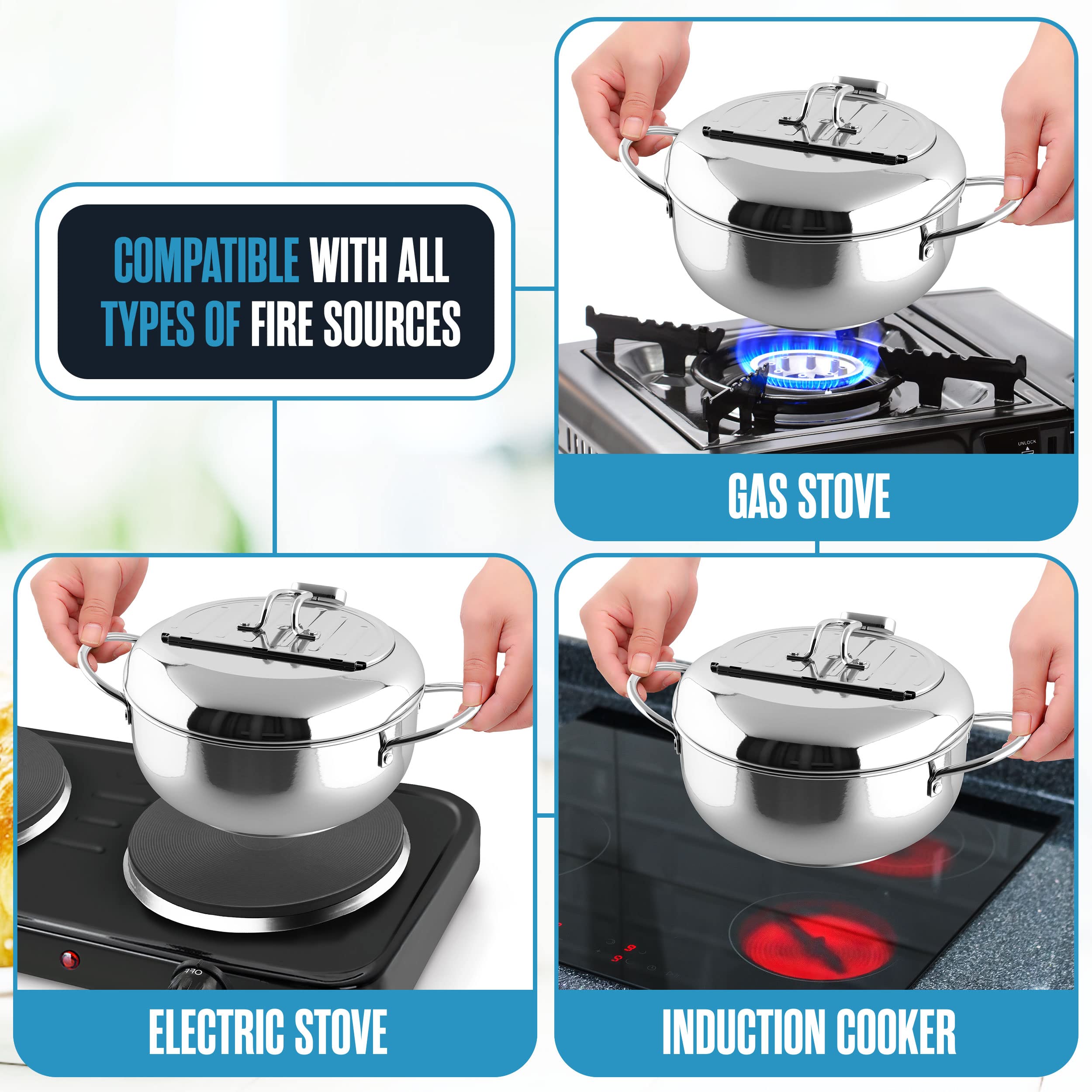 Deep Fryer Pot, Tempura Deep Frying Pot, Stove Top, 9    X 5.5   , 114 Oz (3.6 Qt), 304 Stainless Steel, Flat Bottom W/Lid & Tem