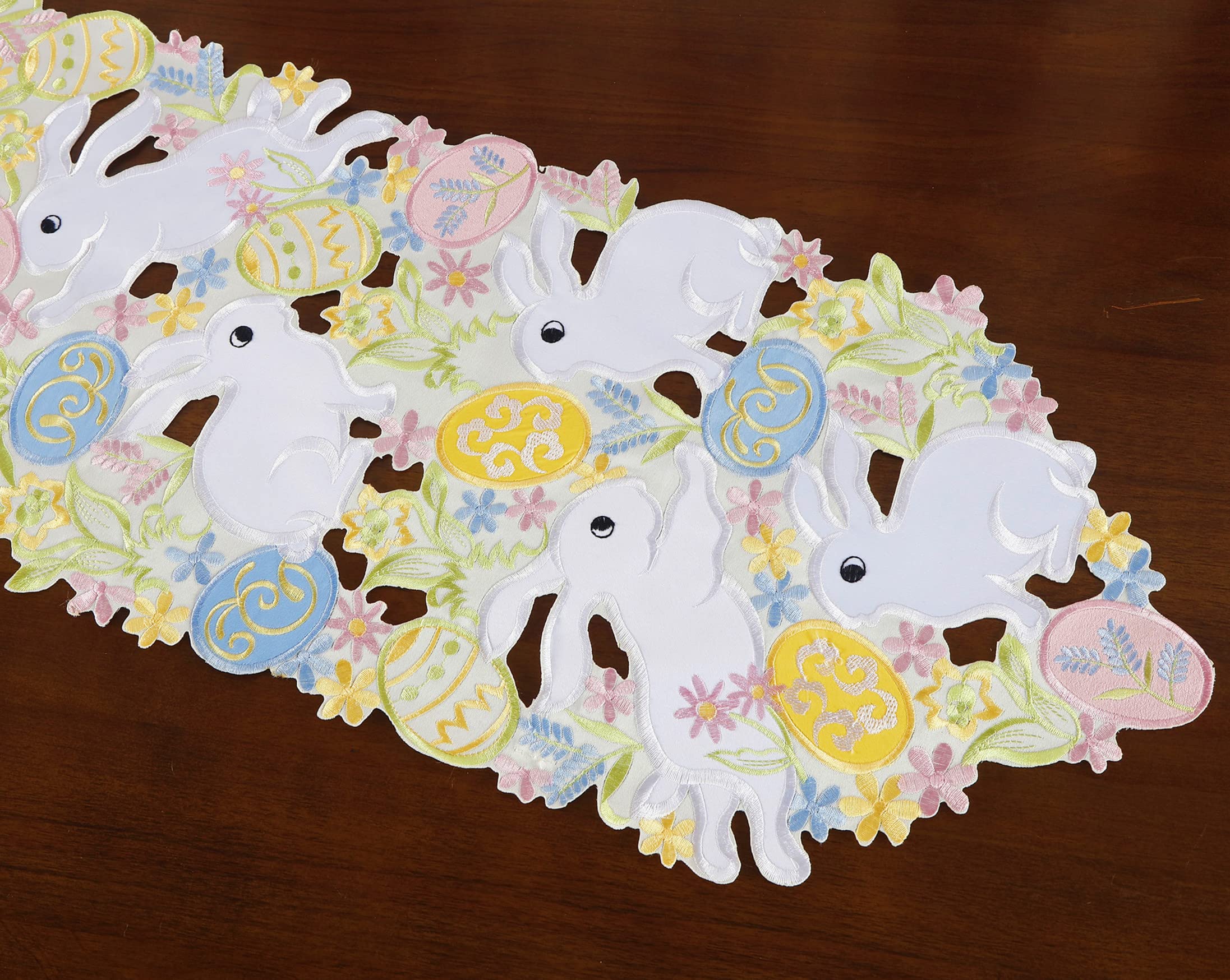 Easter Table Runner Spring Bunnys Flowery Table Runner Cutwork Embroidered Floral And Bunnys Dresser Scarf Table Topper Home Kit