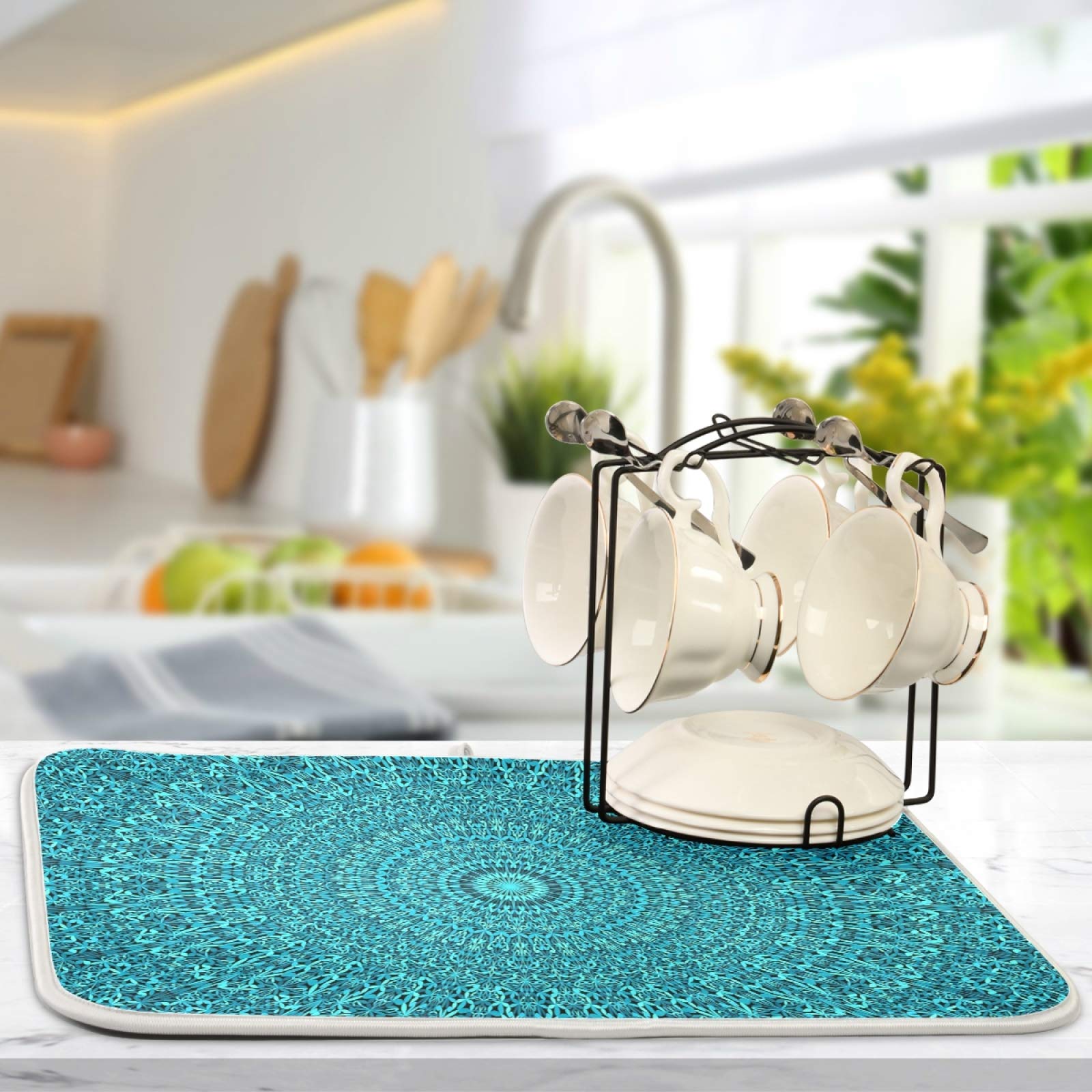 Super Absorbent Dish Drying Mat Microfiber Fast-Drying Dish Mat 16'' X 18'' Kitchen Dish Drying Pad Mandala Turquoise Teal Blue