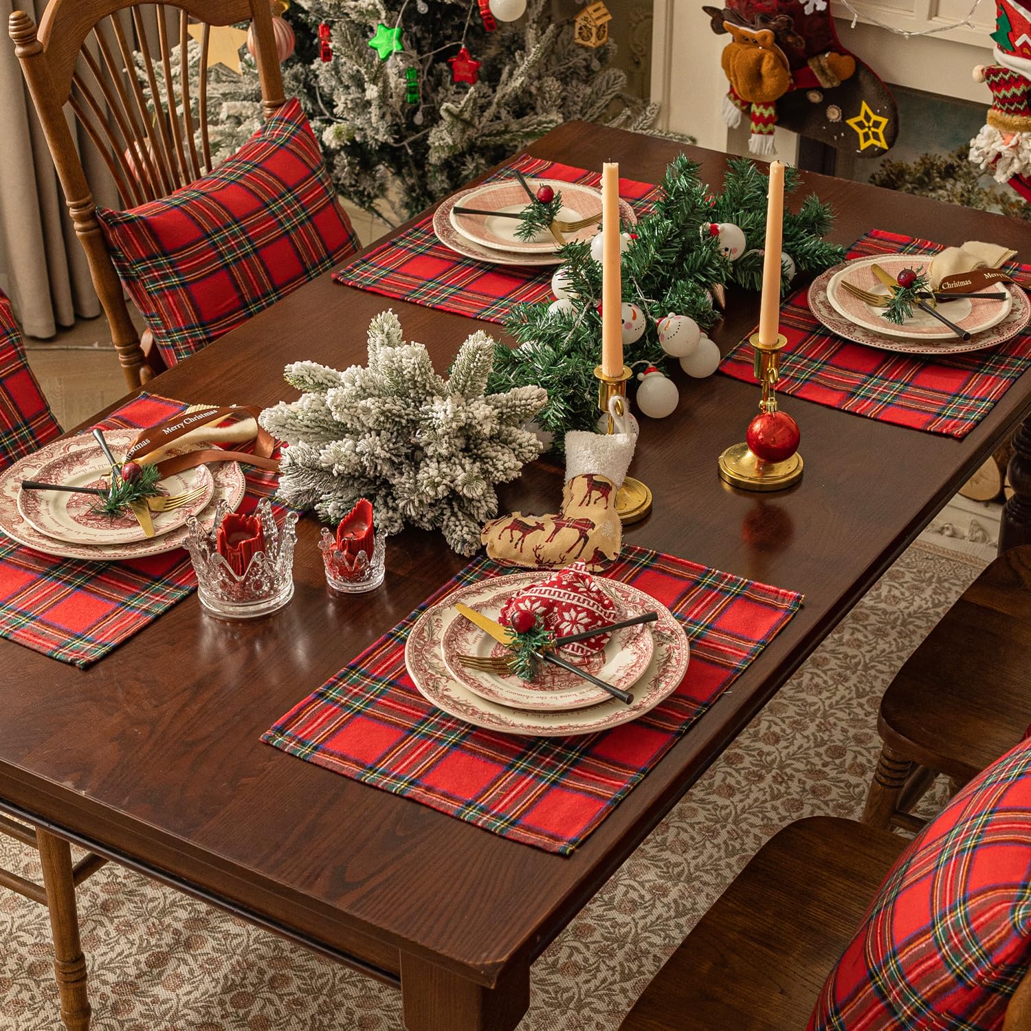 Softalker Christmas Checkered Tartan Placemats Set Of 4-12 X 18 Inch - Red Buffalo Plaid Xmas Place Mats, Heat Resistant Washabl