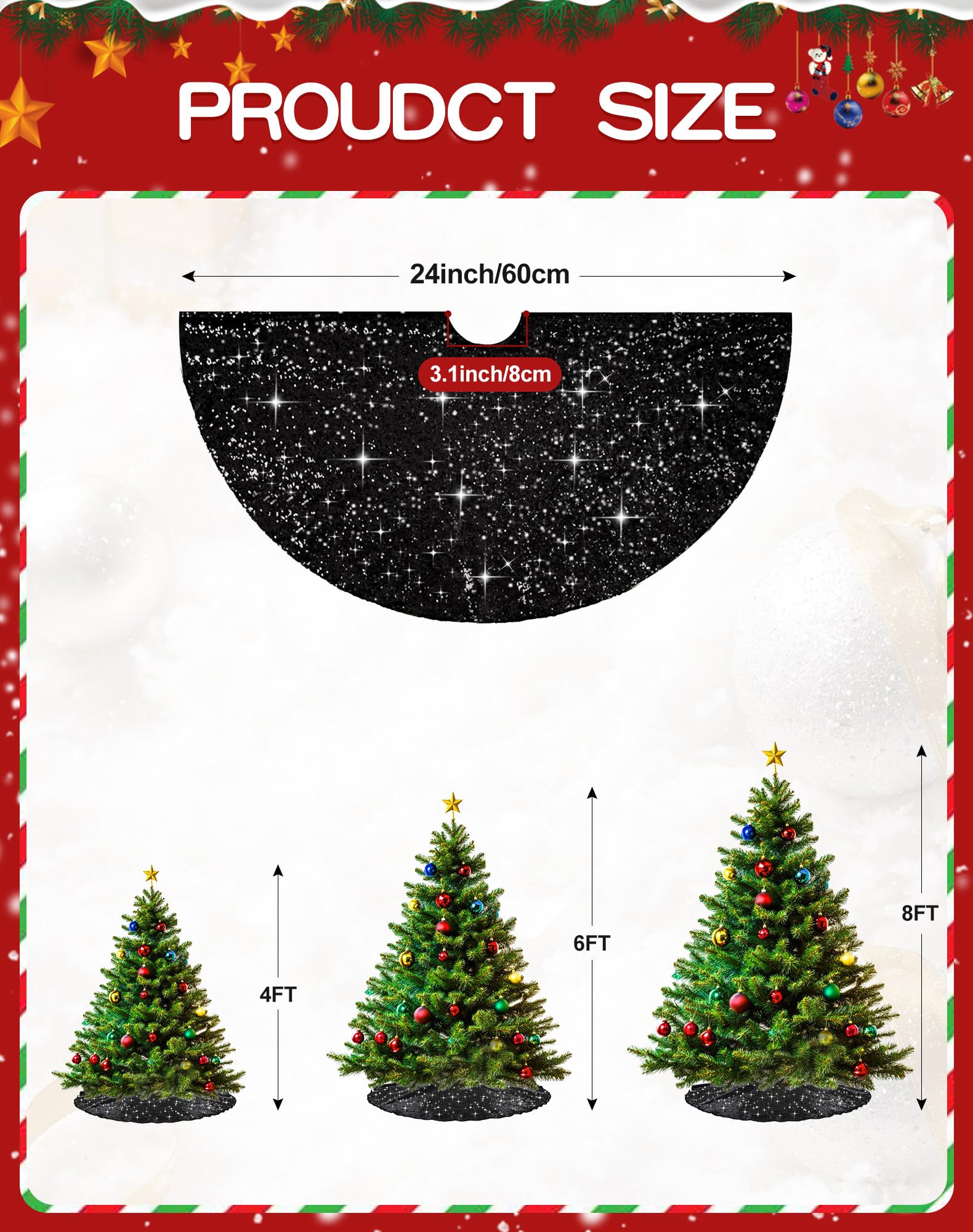 SquarePie Christmas Sequin Tree Skirt Glitter Halloween Decoration 24 Inch Black Thick Satin Backing