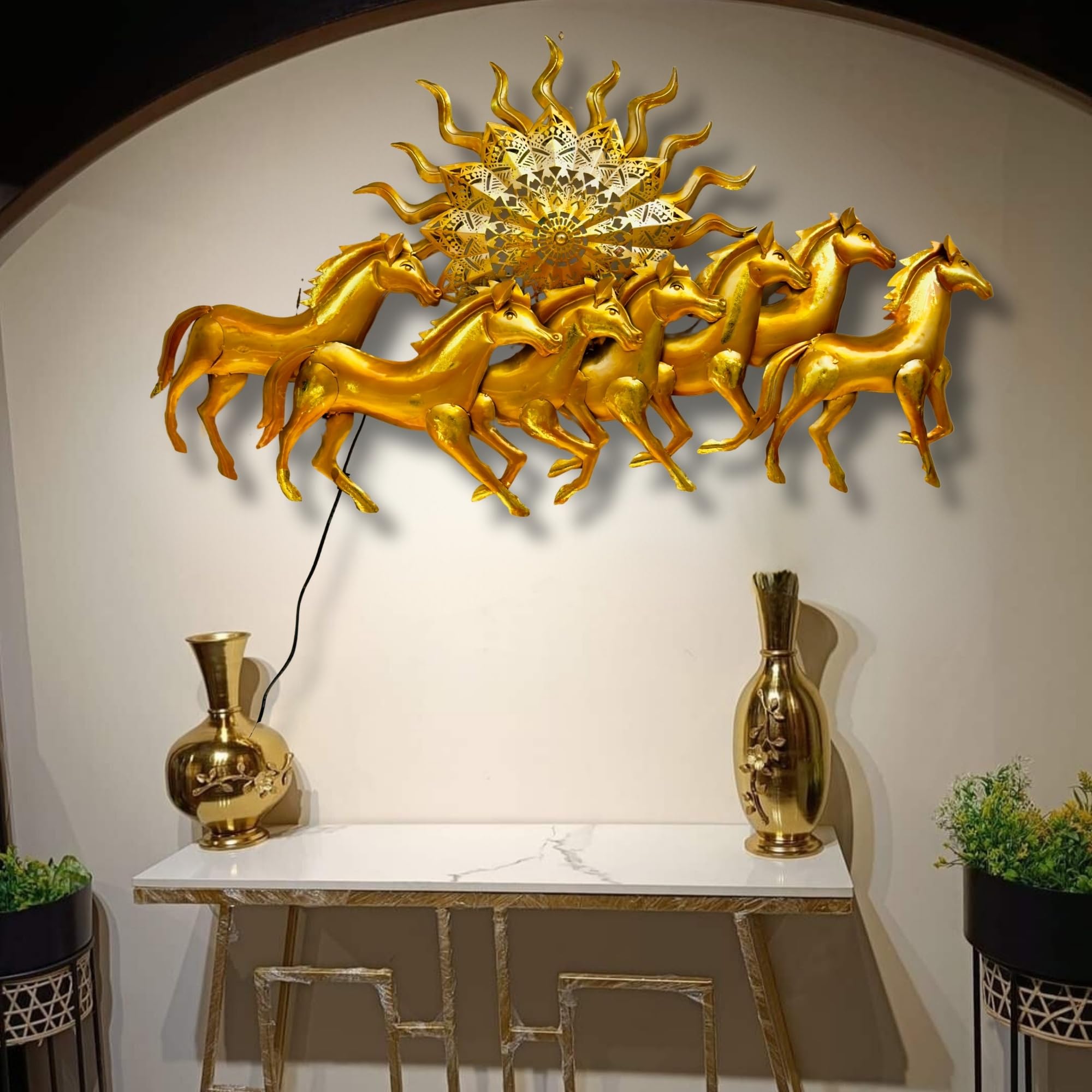 Rsn Golden 7 Running Horses With Sun - Metal Wall Decor, With Led Light For Living Room, Drawing Room, And Office Decor-Size-50X