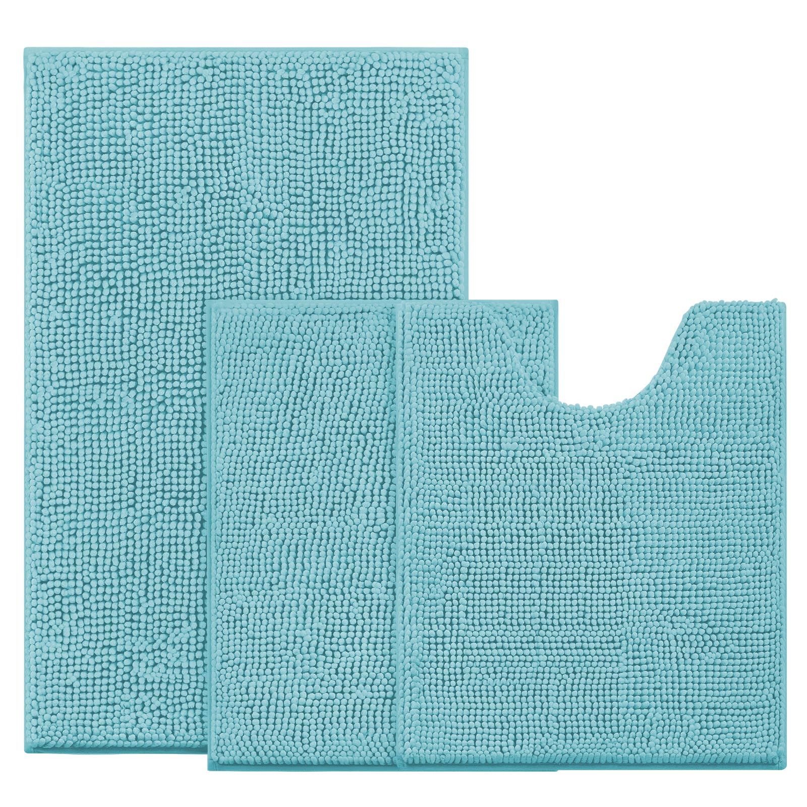 BYSURE Aqua Blue Bathroom Rugs Sets 3 Piece Non Slip Extra Absorbent Plush Chenille Soft Washable Bath Rugs and Mats Set
