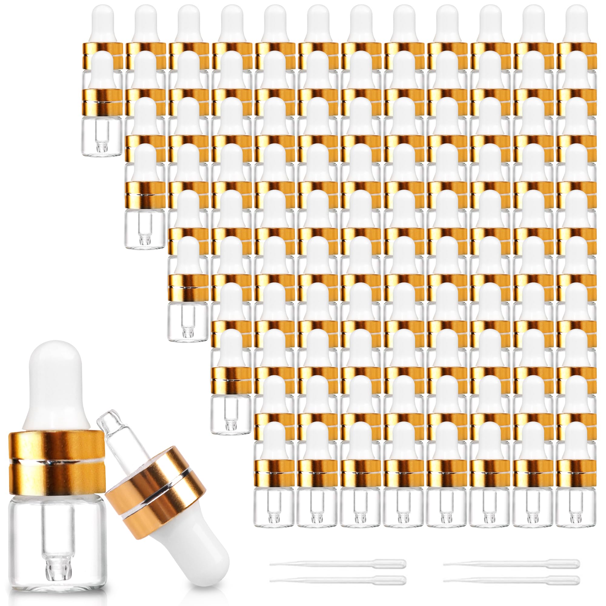 Comrzor 100 Pack 1ml Clear Glass Dropper Bottles with 4 Pcs Plastic Droppers, Mini Sample Dropper Bottles for Essential Oils Per