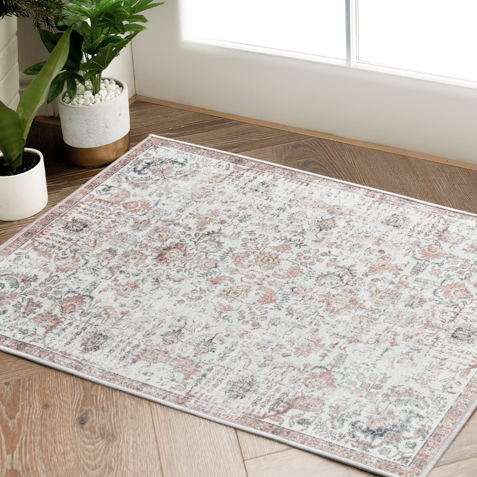 jinchan Area Rug 2x3 Washable Rug Entryway Rug Door Mat Vintage Indoor Entrance Thin Rug Retro Distressed Carpet Red Multi Flora