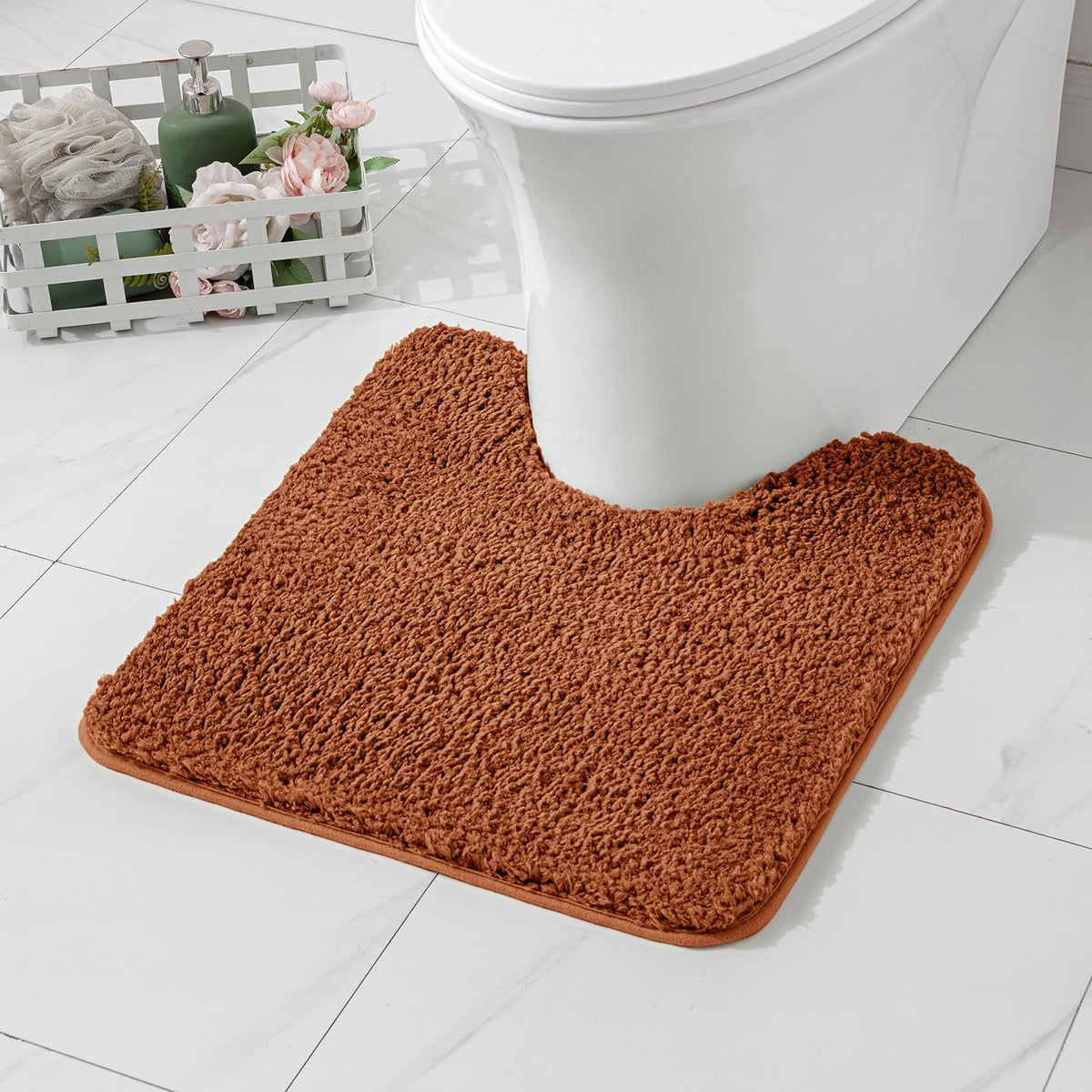 Miulee Fall Burnt Orange Microfiber Toilet Bath Mat U-Shaped Contour Shaggy Bathroom Rugs Non Slip Extra Thick Soft Bath Rug Abs