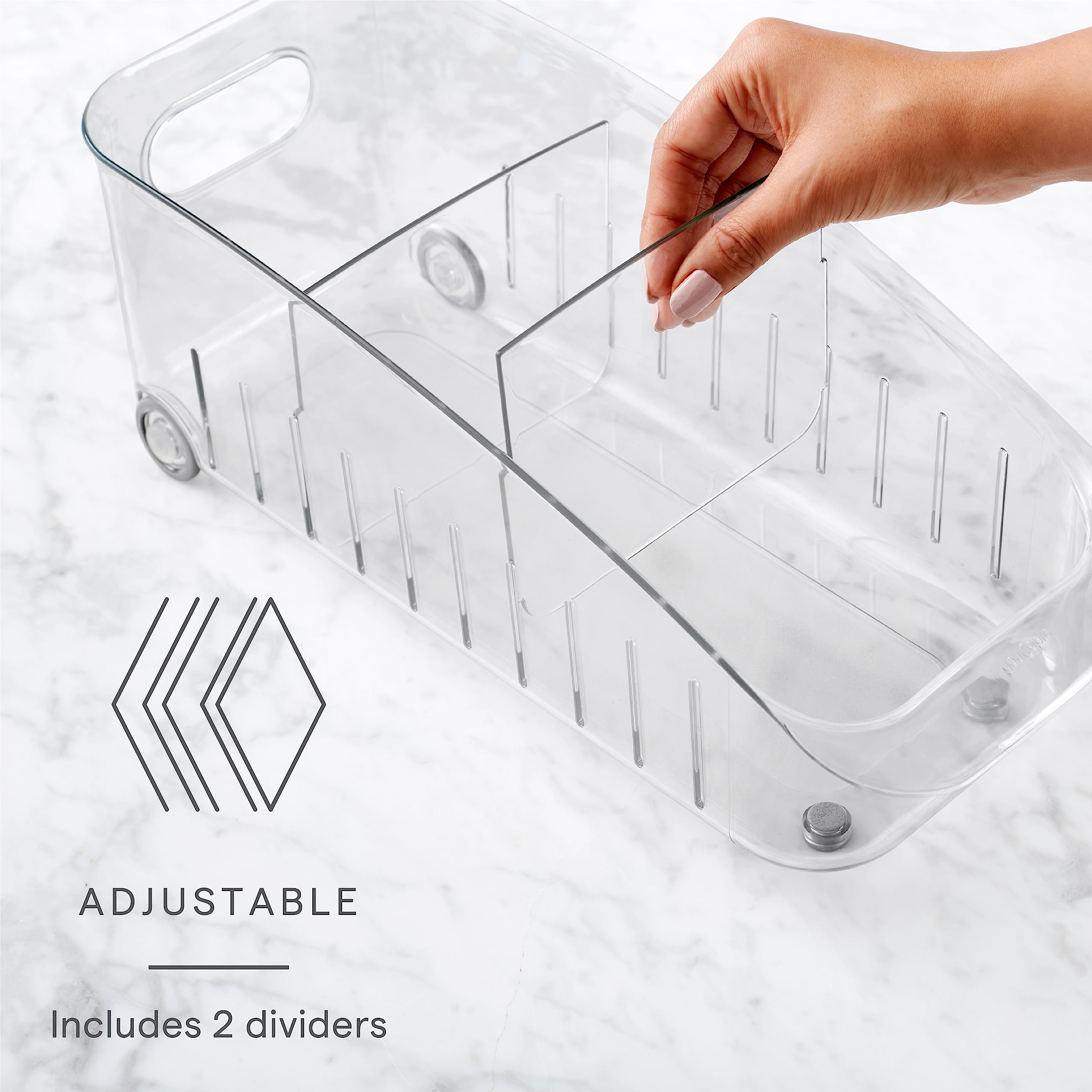 YouCopia 6" Clear Rolling Fridge Drawer Organizer Bin - BPA-Free Plastic with Adjustable Dividers for Food & Snack Storage, Model 50349
