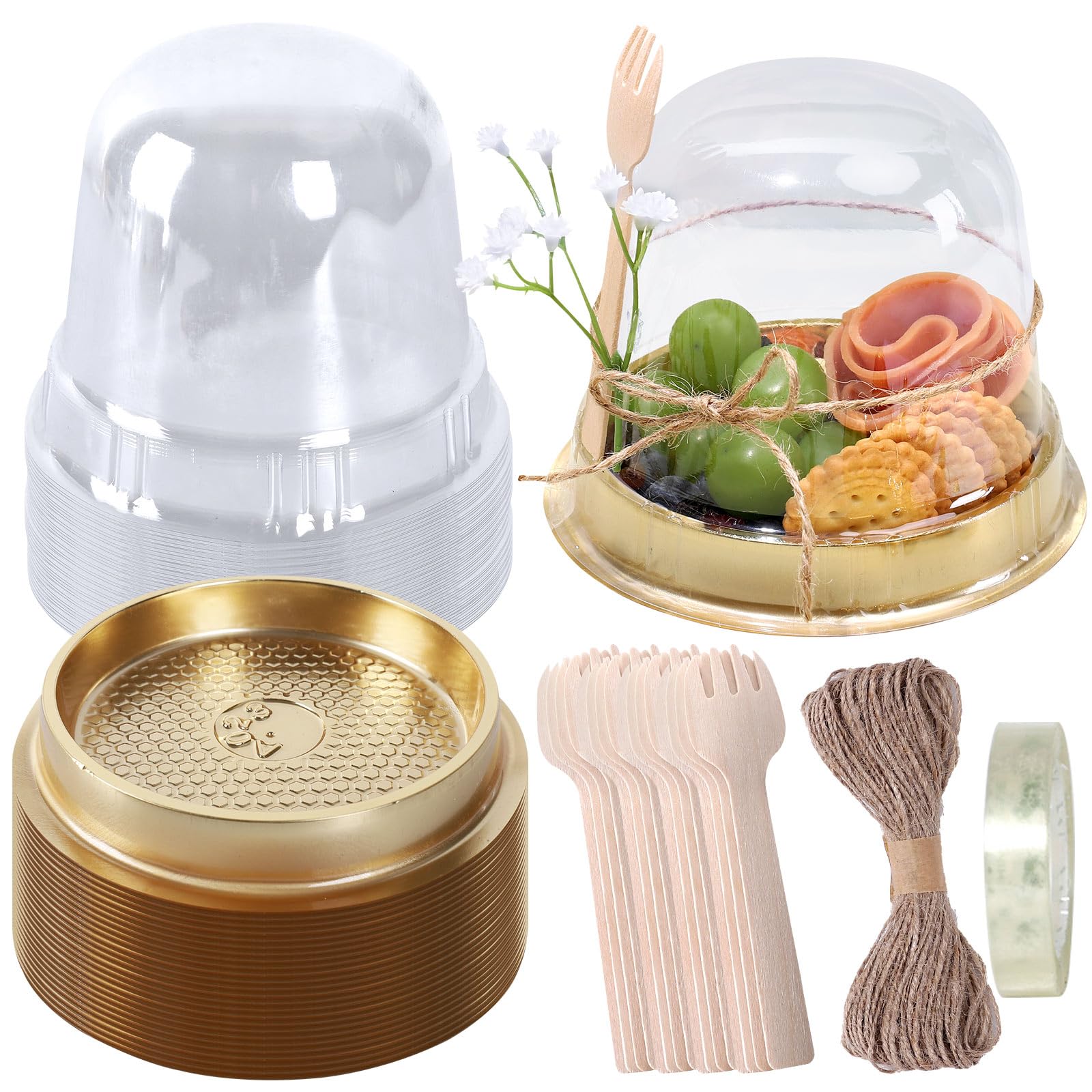 Whaline 100 Sets Disposable Individual Charcuterie Cup Set Clear Plastic Cupcake Container With Mini Wooden Spork Rope For Gradu