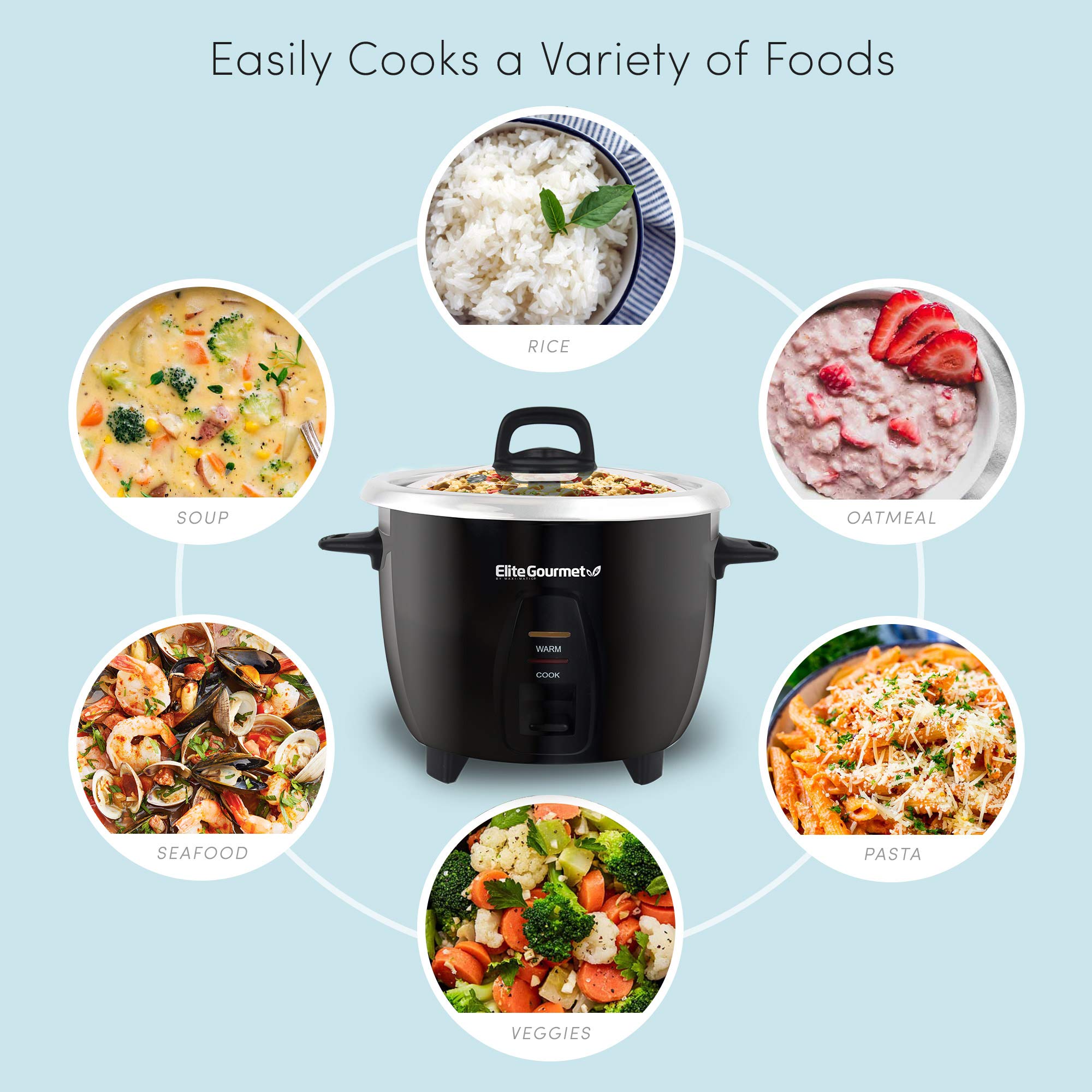 Elite Gourmet Electric Rice Cooker, 10 Cups Cooked, Stainless Steel Inner Pot, Black, Model ERC2010B