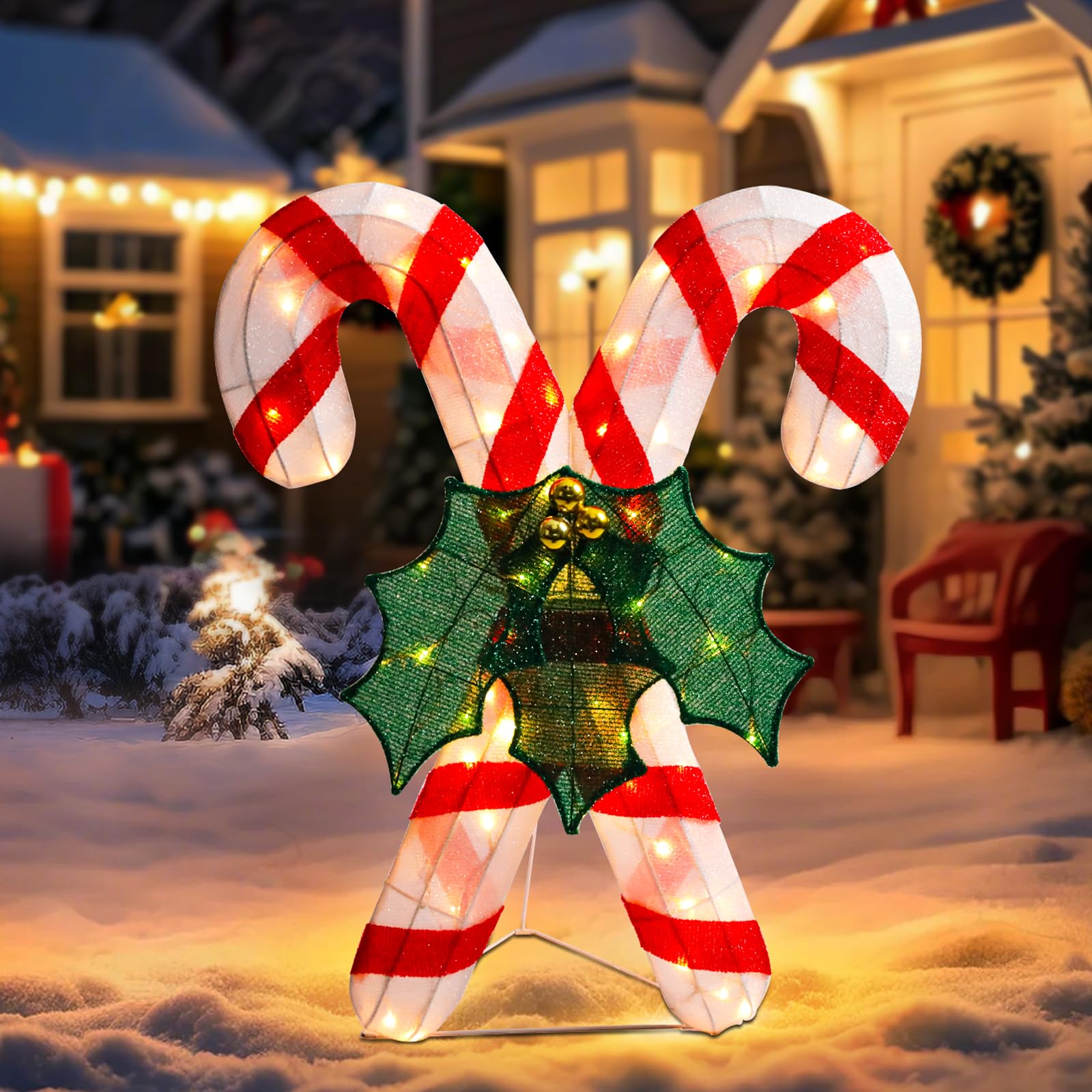 Lighted Christmas Candy Cane Decoration Outdoor Pre-lit 3D Crossed Candy Cane Glittered with LEDs Lighted Up Standing Ornament O