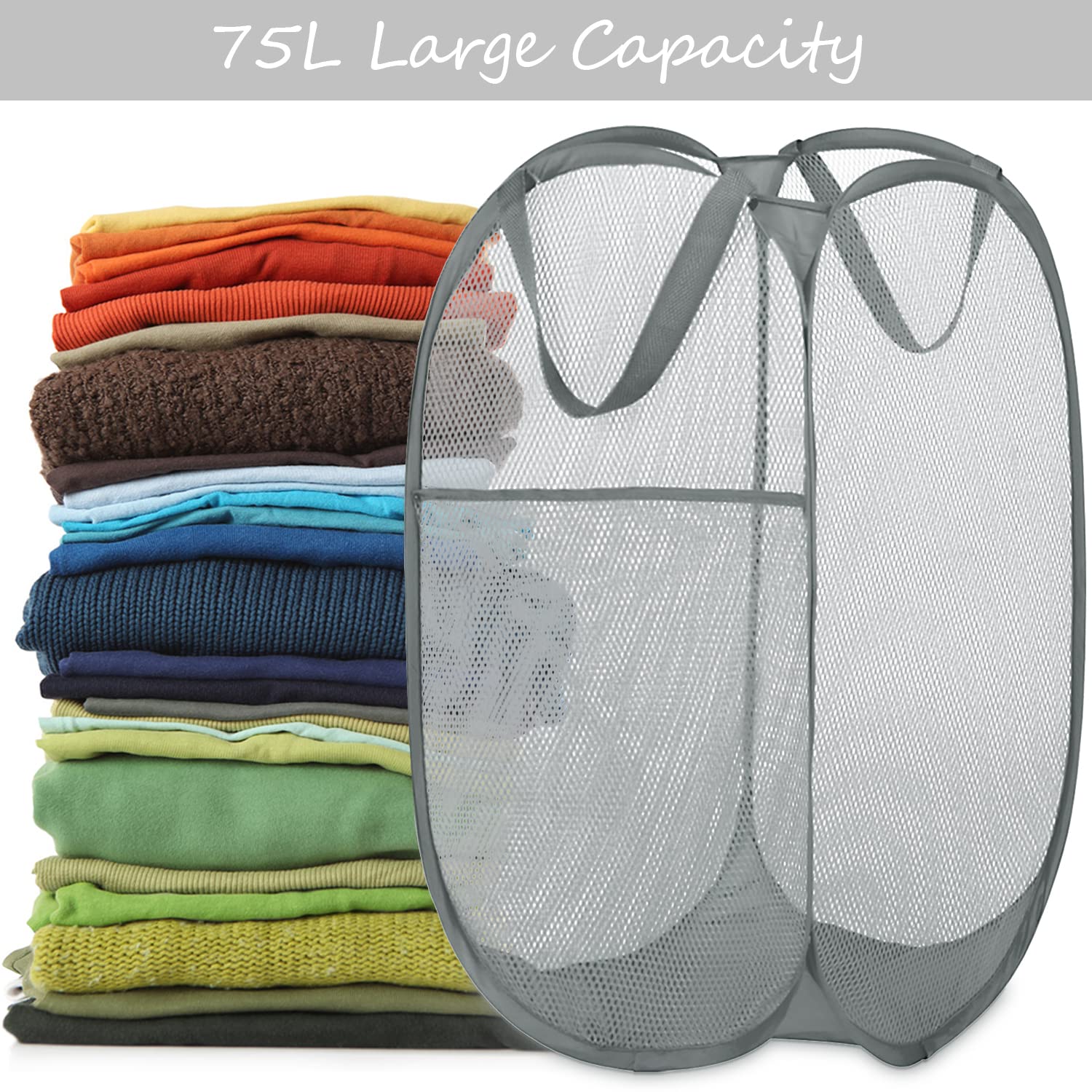 Deluxe Strong Mesh Pop up Laundry Hamper Basket with Side Pocket for Laundry Room  Bathroom  Kids Room  College Dorm or Travel Grey