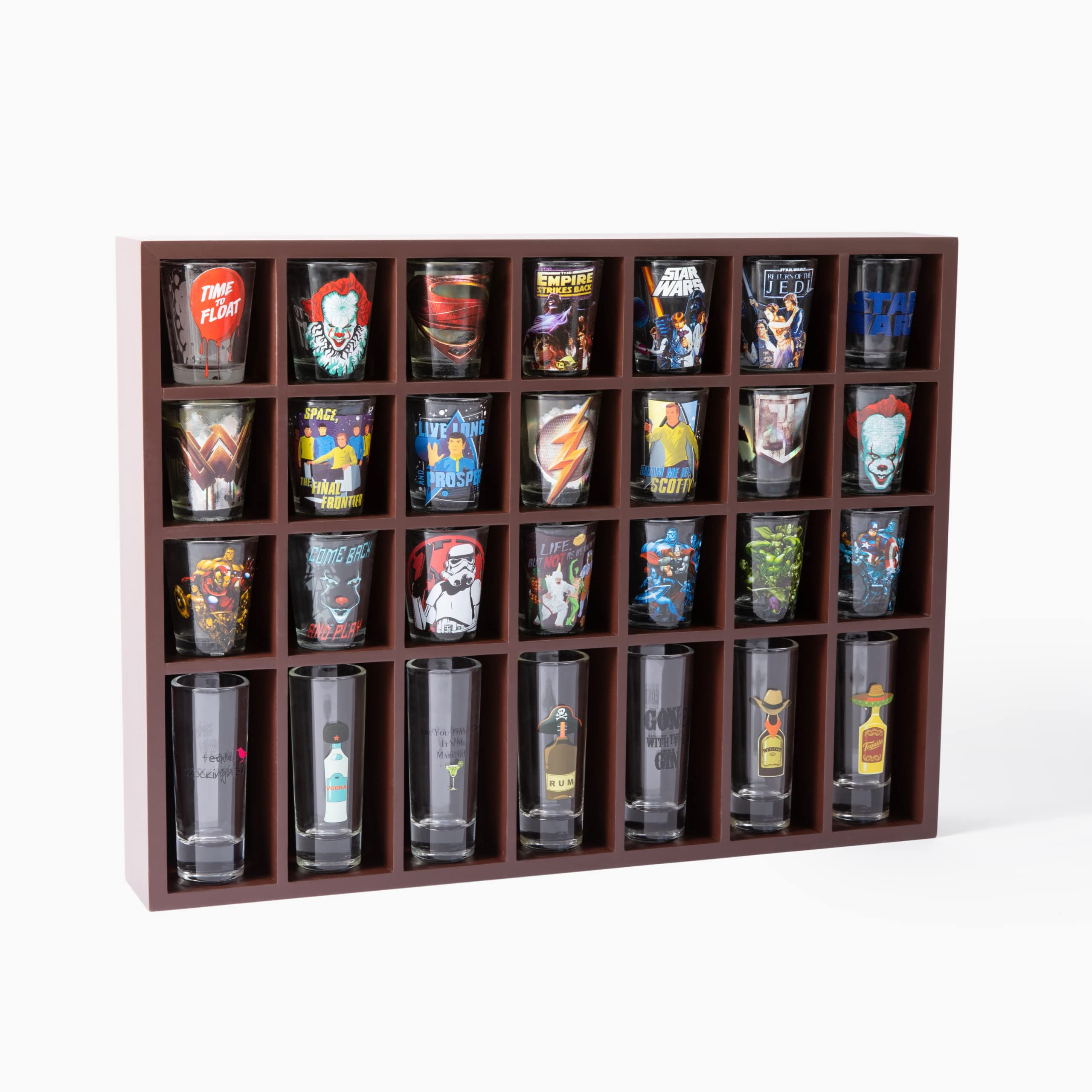 Decomil Shot Glass Display Case For Wall & Free Standing, Shot Glass Holder For Tall Shot Glasses/Shooter Display, For 28 Glass,