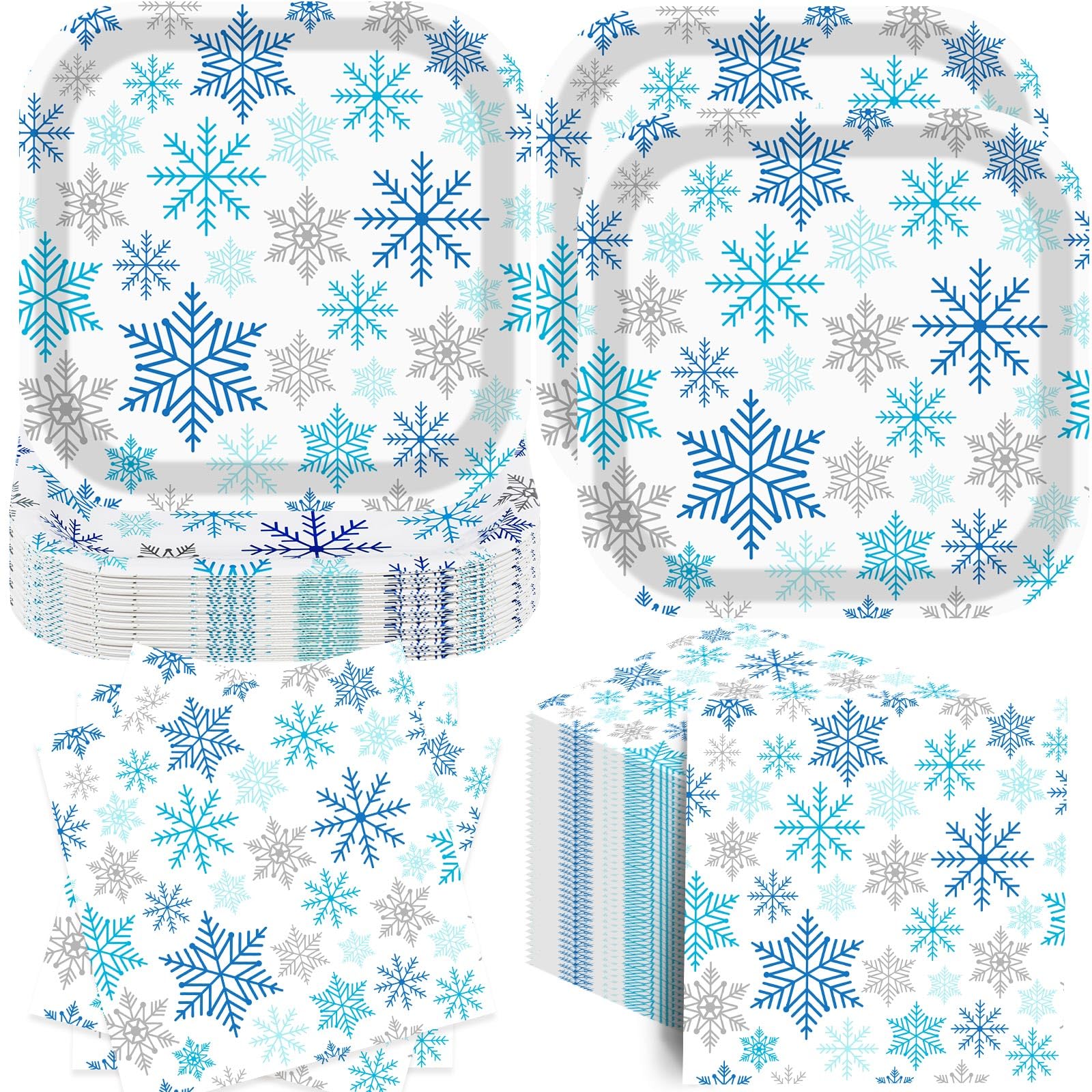 Funnymoom 100 Pcs Winter Christmas Party Supplies Snowflake Blue Silver Paper Plates and Napkins, 7 Inches Disposable Plates 13 