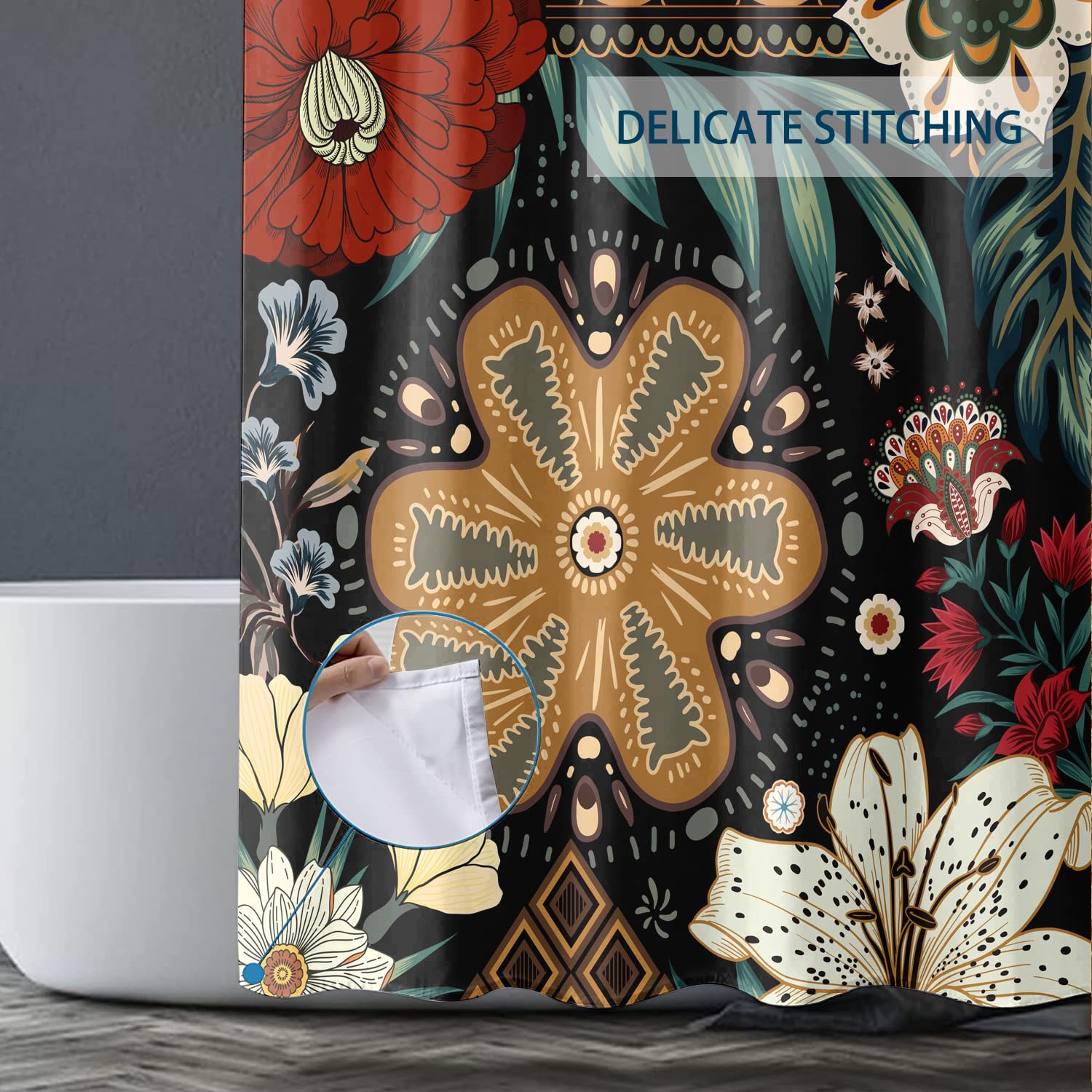 Bivinar Black Boho Floral Shower Curtain, Bohemian Mandala Flower Bathroom Shower Curtain, Fabric Waterproof Shower Curtain With