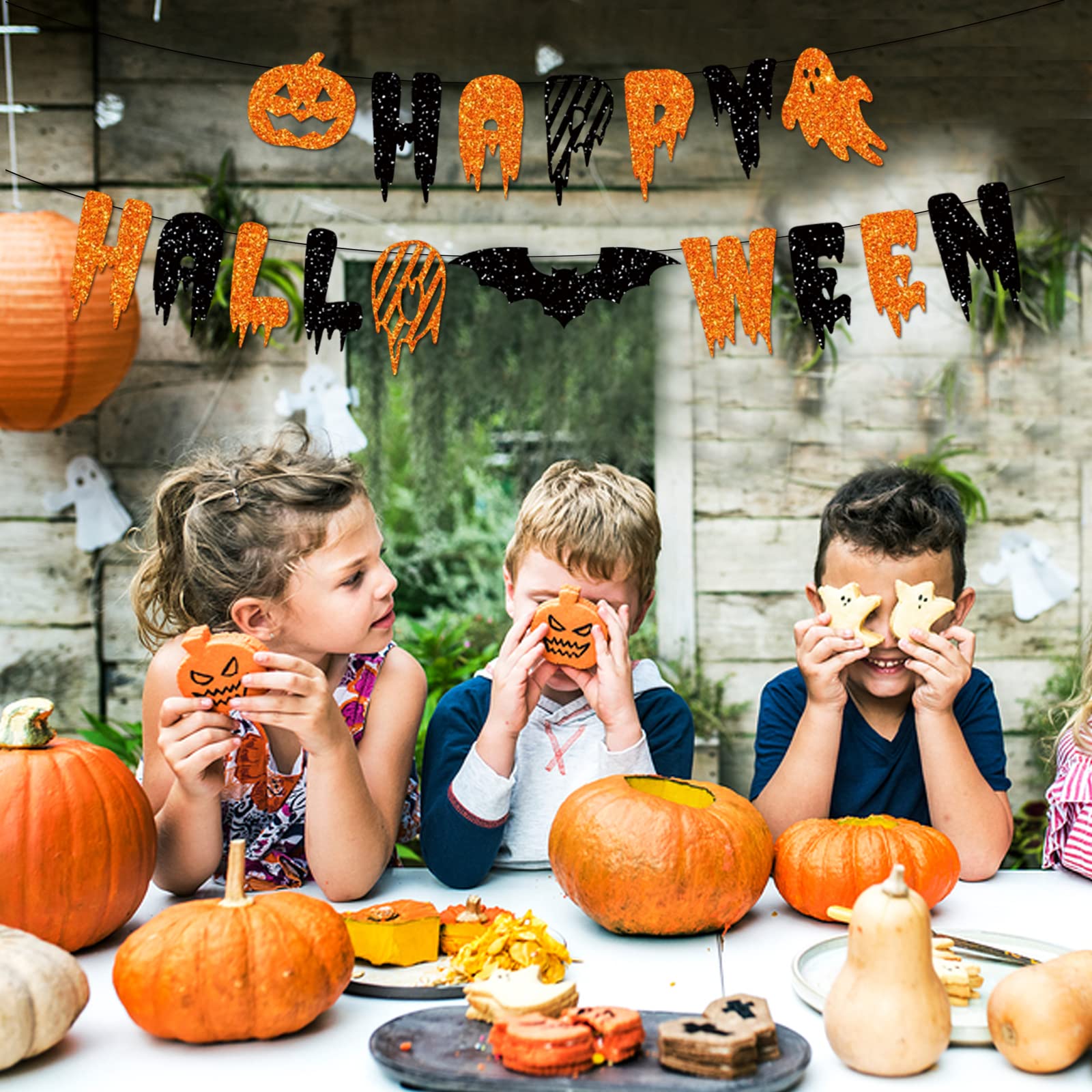 Black Orange White Halloween Party-Decorations - 8Pcs Kits Happy Halloween Banner, Tissue Flower Paper Pom Poms Streamers,Bat De