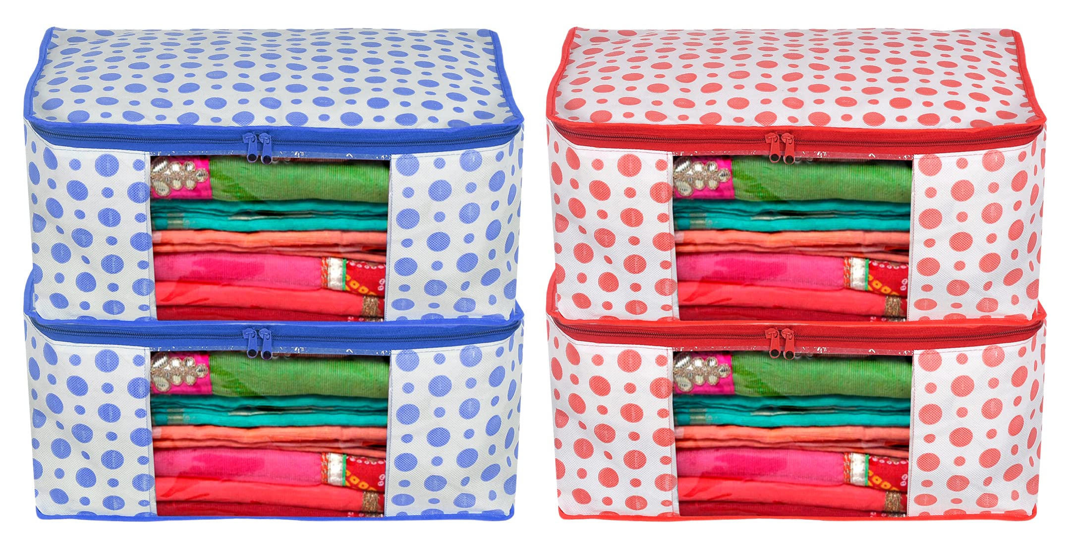 Heart Home Dot Printed NonWoven Saree Cover, Cloth Organizer, Wardrobe Organiser With Tranasparent Window Pack Of 4 (Blue & Pi