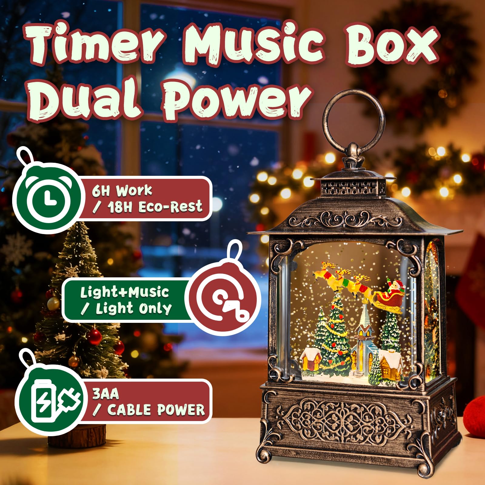 Christmas Snow Globes Lantern, Santa Claus & Church Christmas Decorations Indoor, 6H Timer Battery & USB Powered Light Up Musica