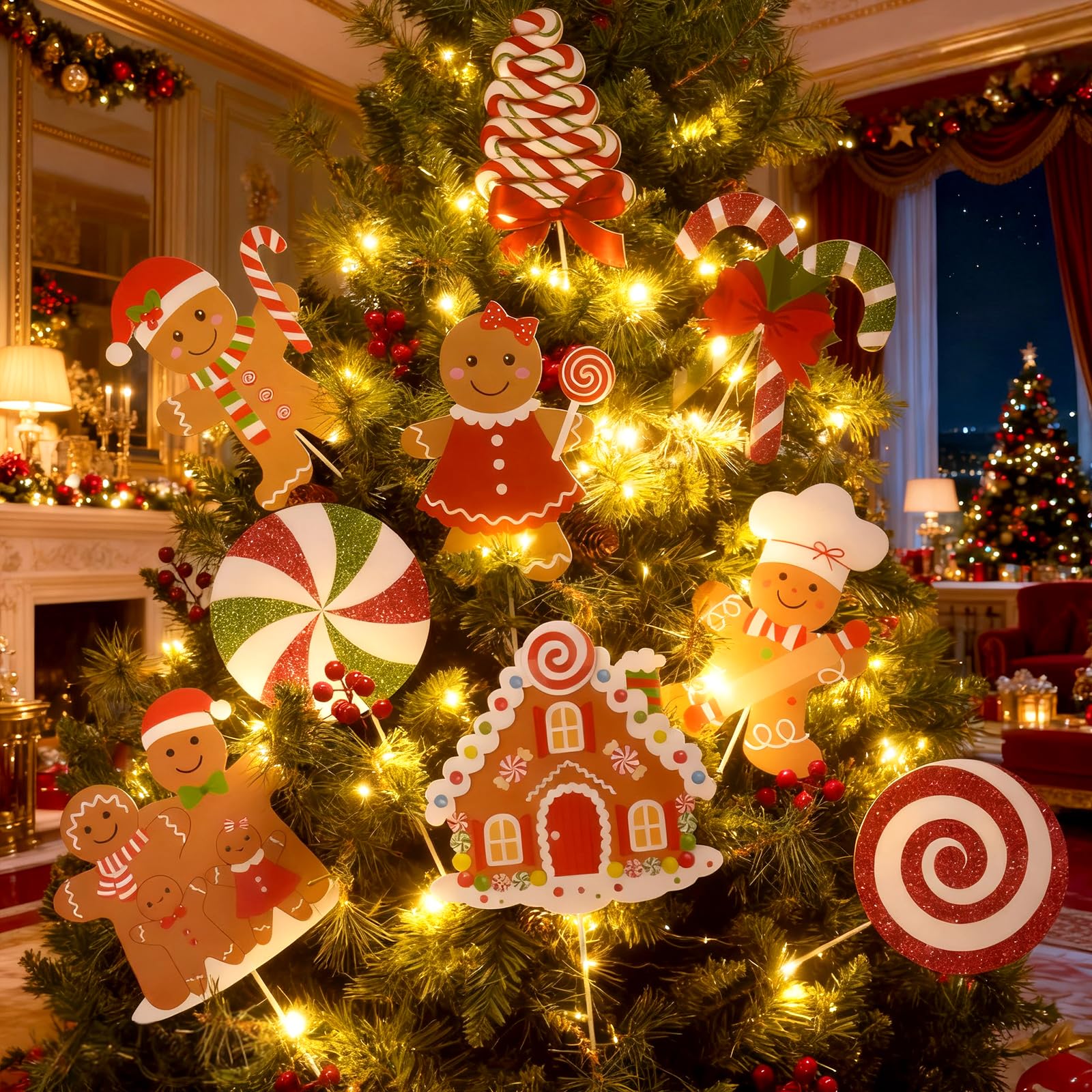 9Pcs Gingerbread Christmas Decorations Plastic Gingerbread Man House Tree Picks and Candy Cane Lollipop Tree Toppers for Holiday
