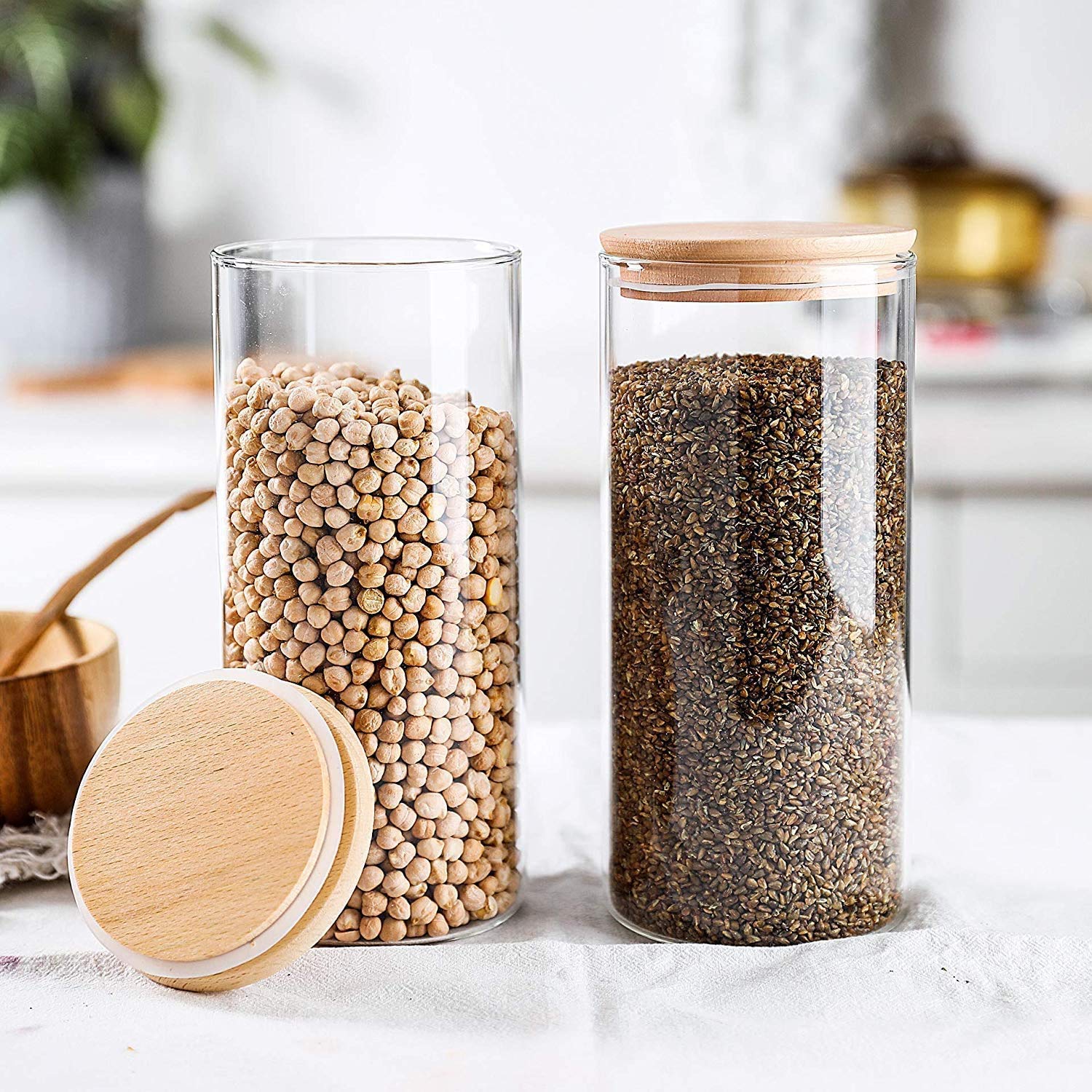 Luximal1400Ml Kitchen Storage Borosilicate Glass Jar & Container With Air Tight Bamboo Wooden Lid, Crystal Clear Set (Pack Of 3)