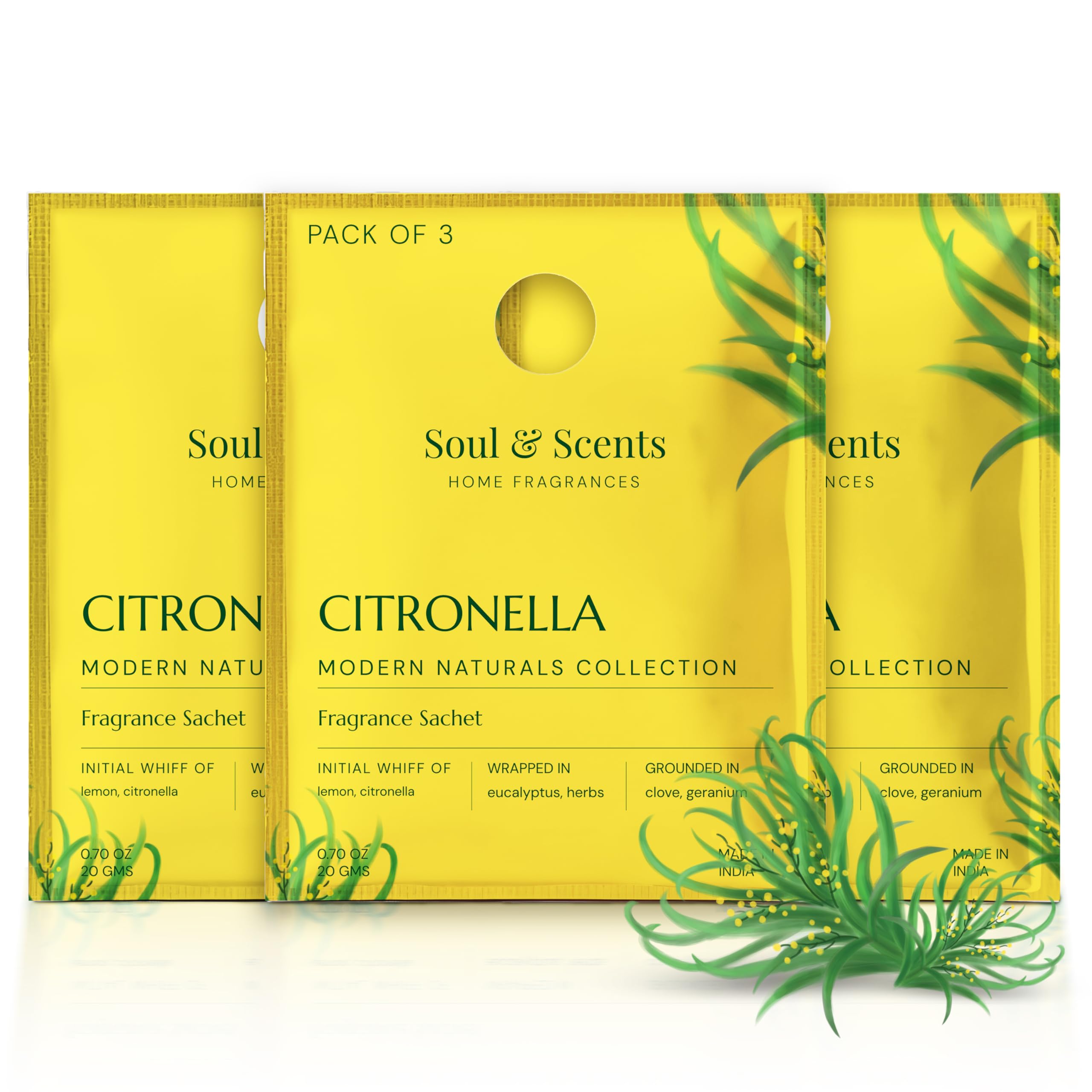 Soul & Scents Citronella Fragrance Sachet | Uplifting Blend Of Lemon, Citronella & Herbs | Long-Lasting Air Freshener For Car, W
