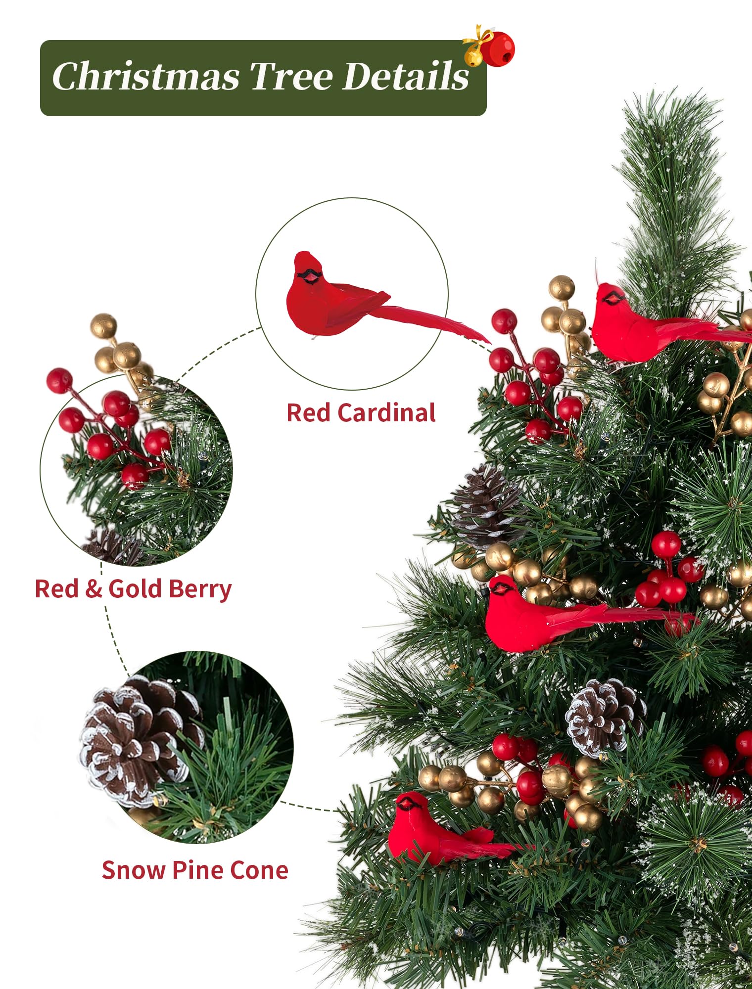 BLOSMON Outdoor Christmas Tree for Porch: 2 Sets 24 Inch Timer Prelit Planter Bushes with 10 Red Cardinals - Remote 60 Lights 8