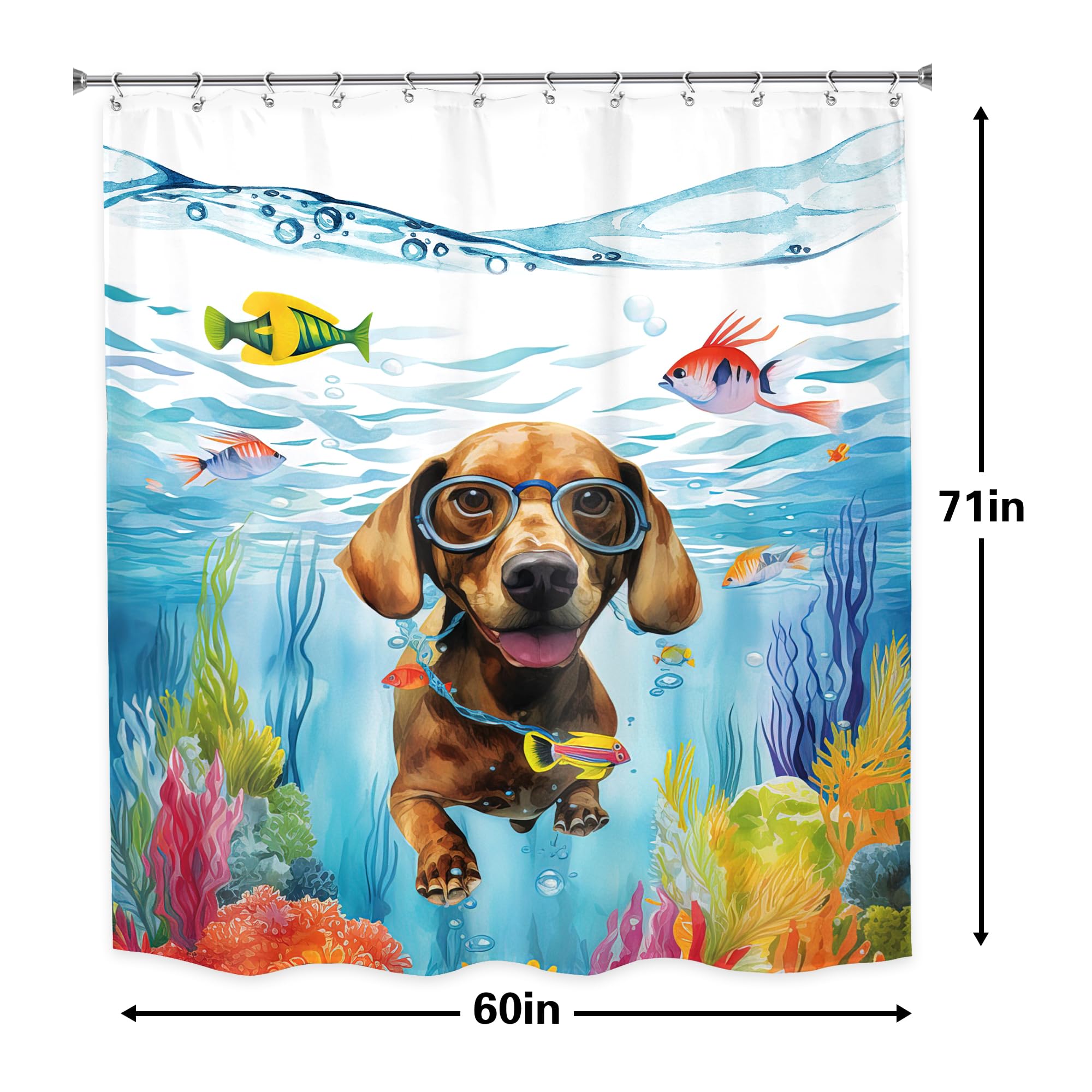 Lghtyro Kids Funny Dog Shower Curtain Bathroom Set 60Wx71H Inches Sea Ocean Hilarious Swimming Cute Animal Underwater Fish Coral