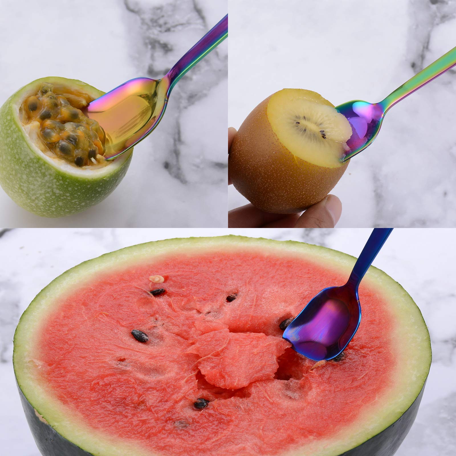 Gogeili Yogurt Spoon, Stainless Steel Gelato/Ice Cream Spoon, Rainbow Fruit Spoon, Dessert Spoon, 6.4-Inch, Set Of 6
