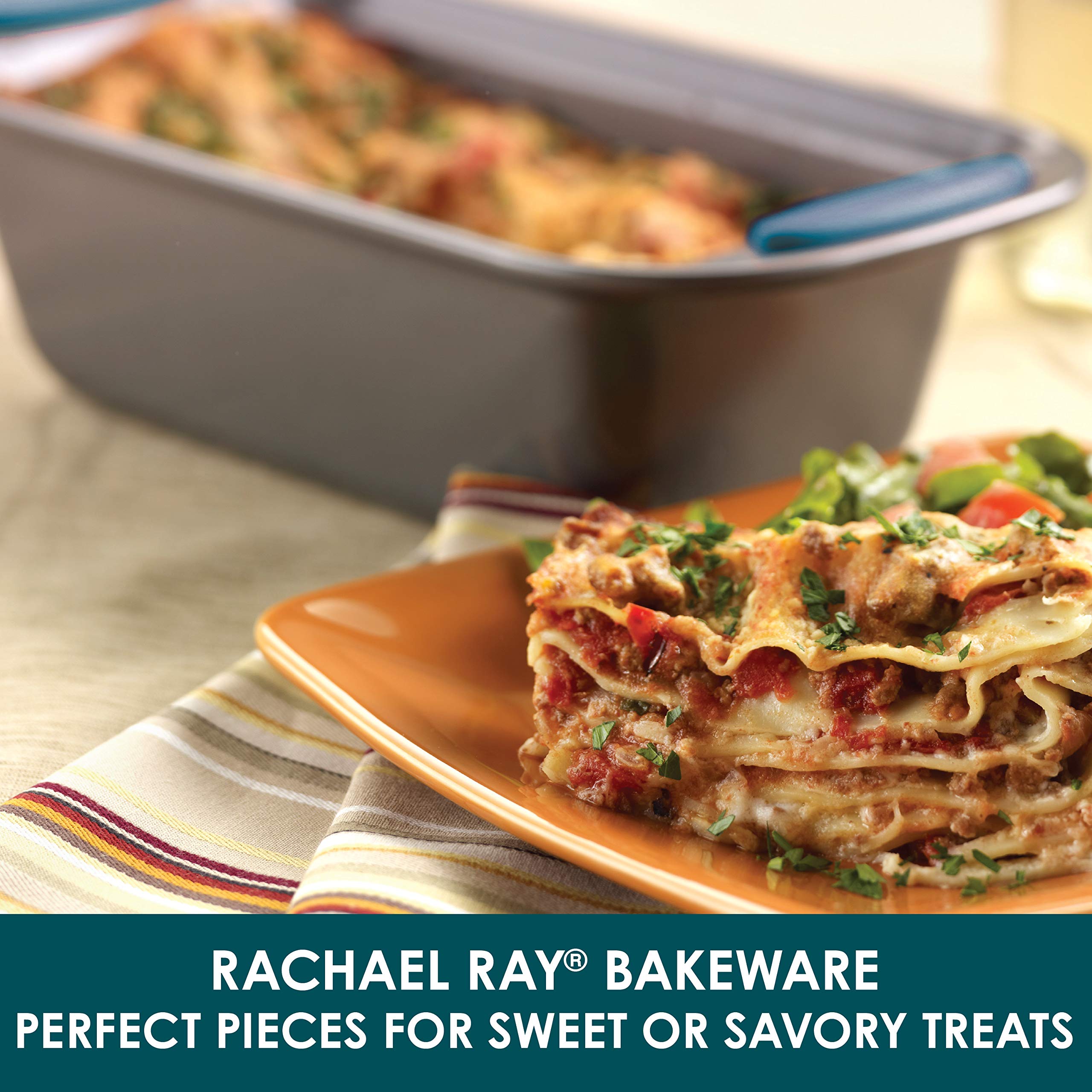 Rachael Ray Yum-O! Bakeware Oven Lovin' Nonstick Loaf Pan, 9-Inch By 5-Inch Steel Pan, Gray With Marine Blue Handles
