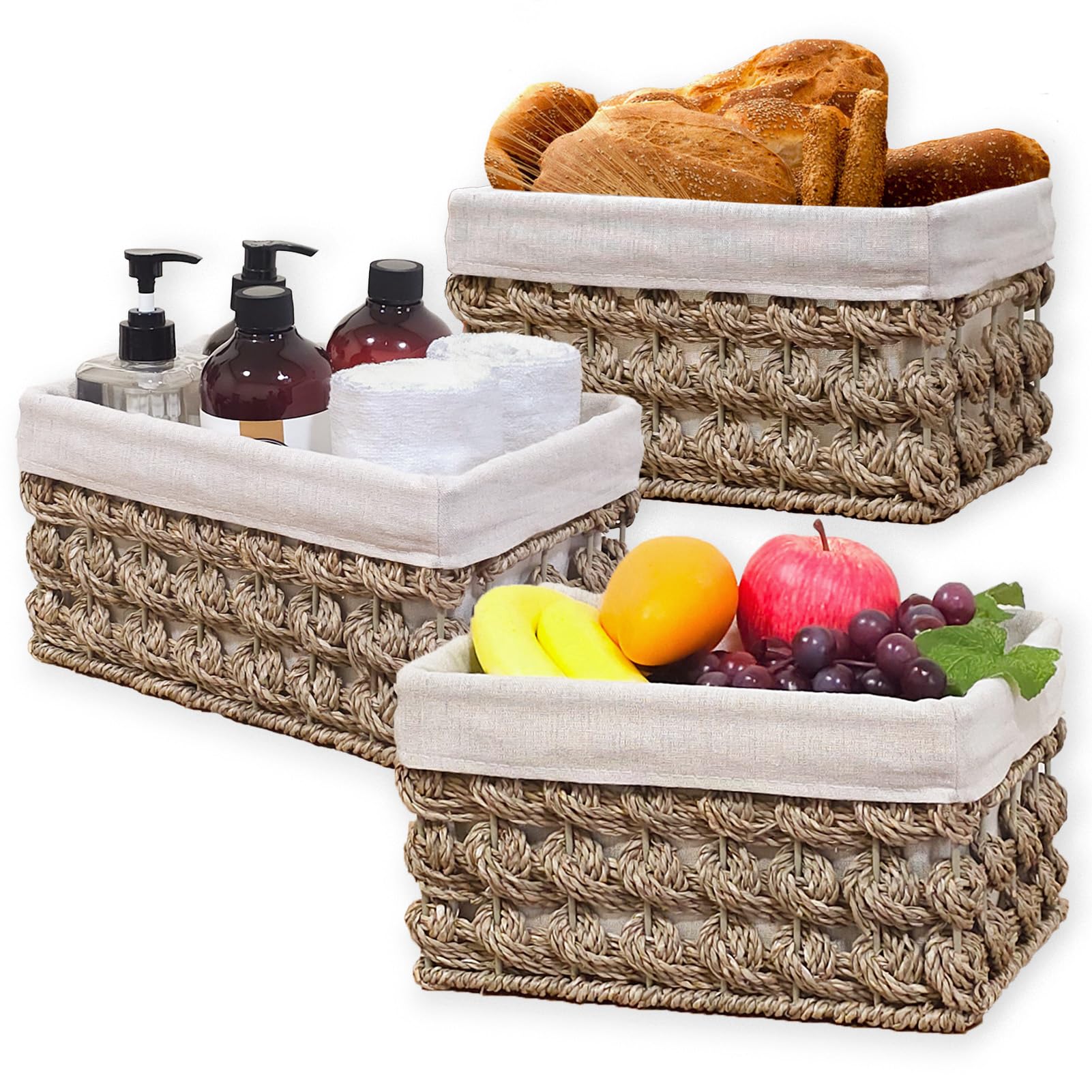 Ellinia Storage Basket With Liner, Wicker Counter Organizing Basket With Built-In Handles, Woven Rectangular Natural Seagrass Bi