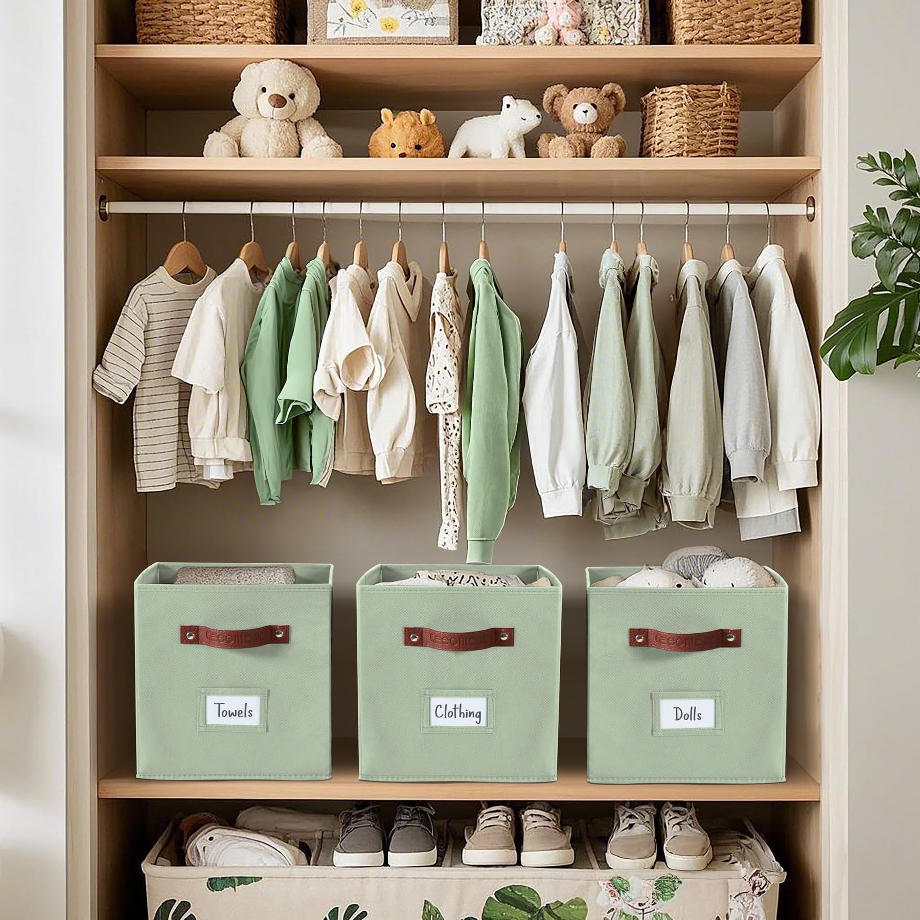 DECOMOMO Storage Cubes, 13x13x13 Storage Cube Bins with Labels, Fabric Organizer Bins (13 / 6pcs, Sage Green)