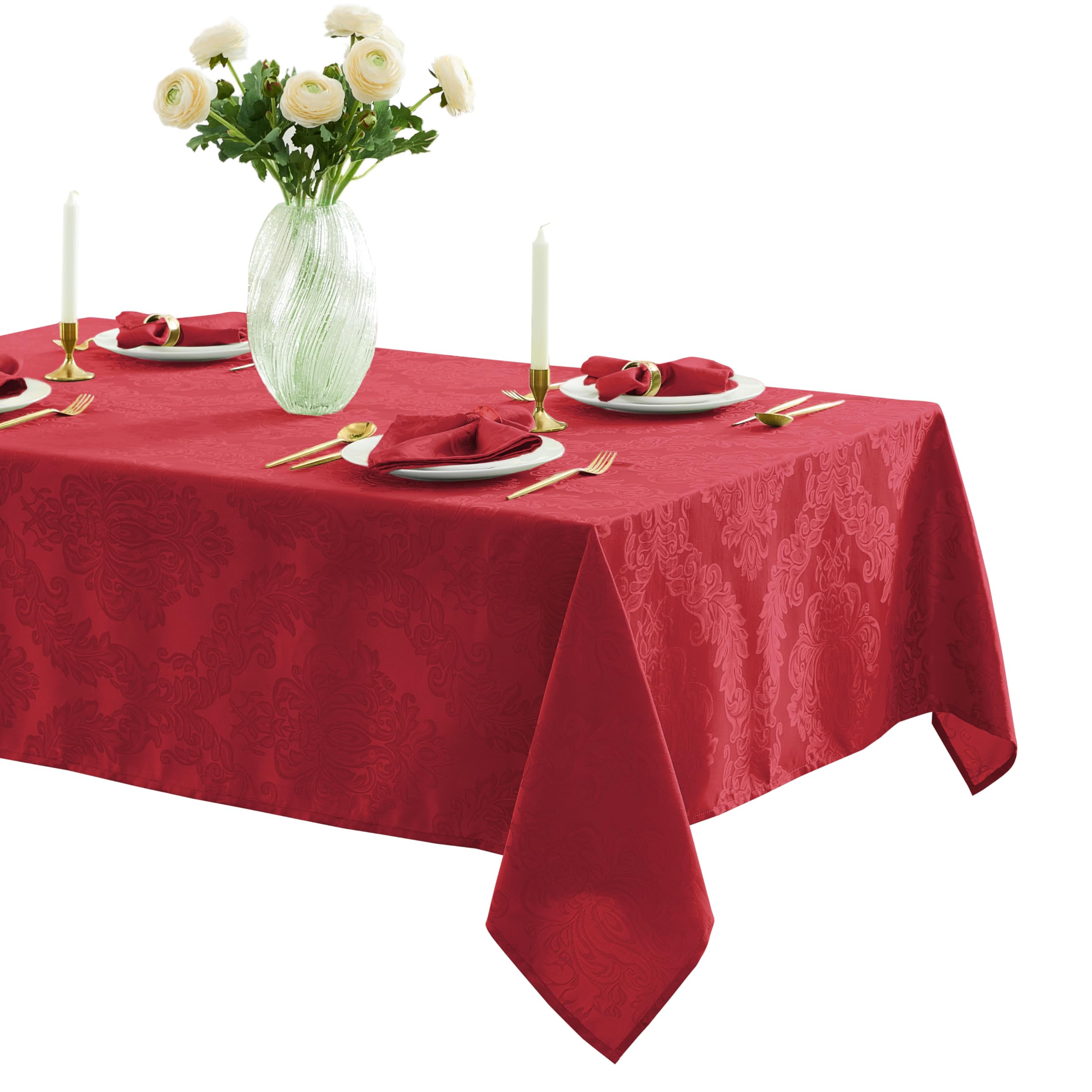 Newbridge Barcelona Damask Fabric Tablecloth, 52 x 70 Inch Rectangle, Red - No Iron, Soil Resistant Table Cover for Dining, Part