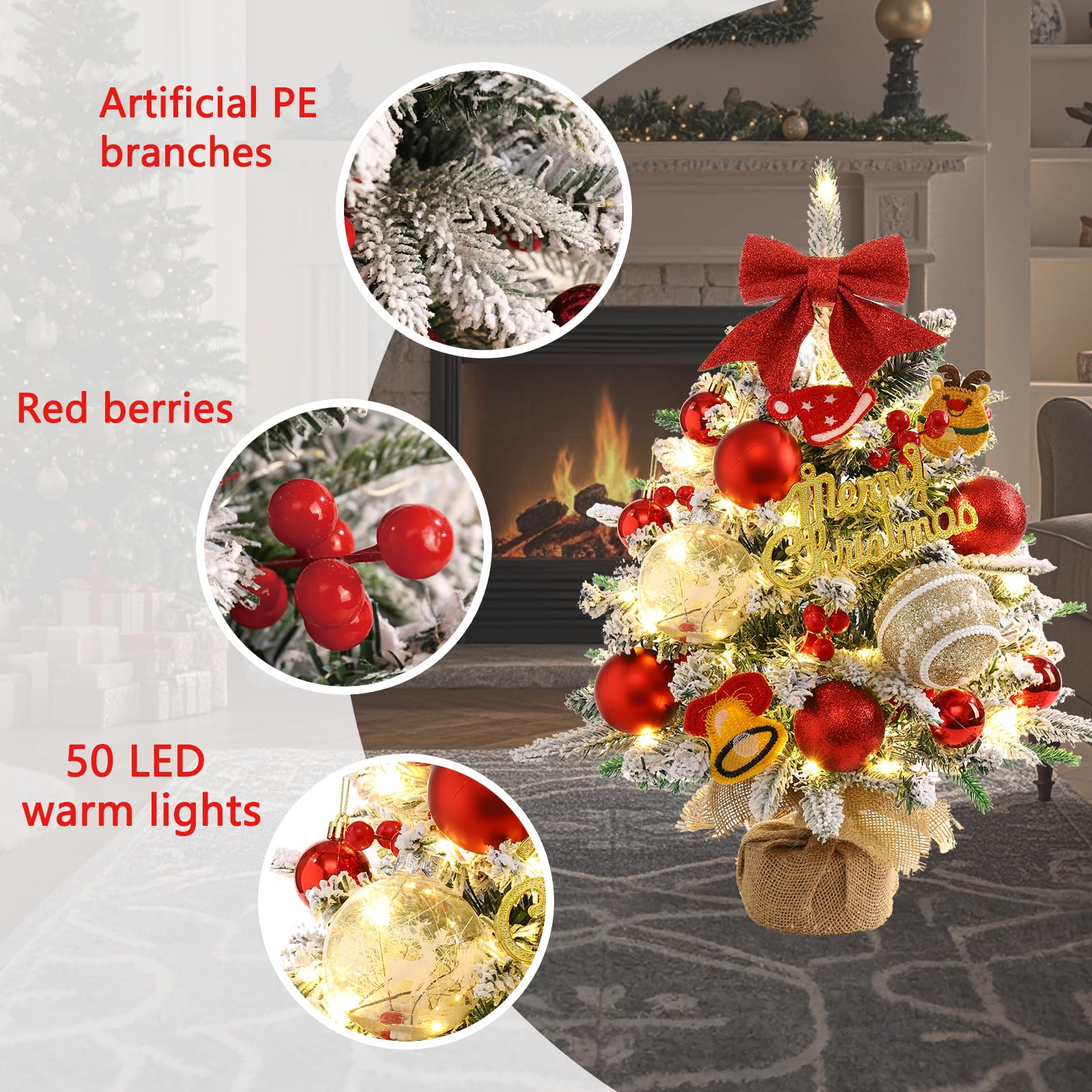 Mini Christmas Tree,22 Inches Artificial Tabletop Christmas Tree with 50 Lights(8 Modes),Snow Flocked Small Christmas Tree with