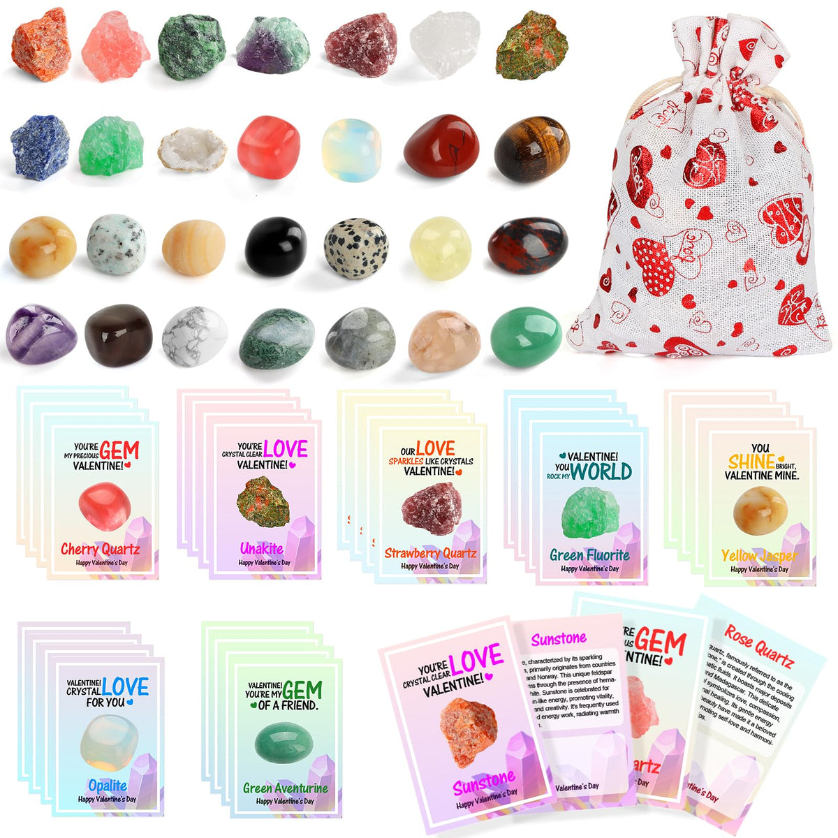 Rilsic Valentines Day Gifts For Kids - 28 Pack Valentine Day Exchange Cards & Natural Gemstone Crystals Rocks Minerals Bulk,Vale