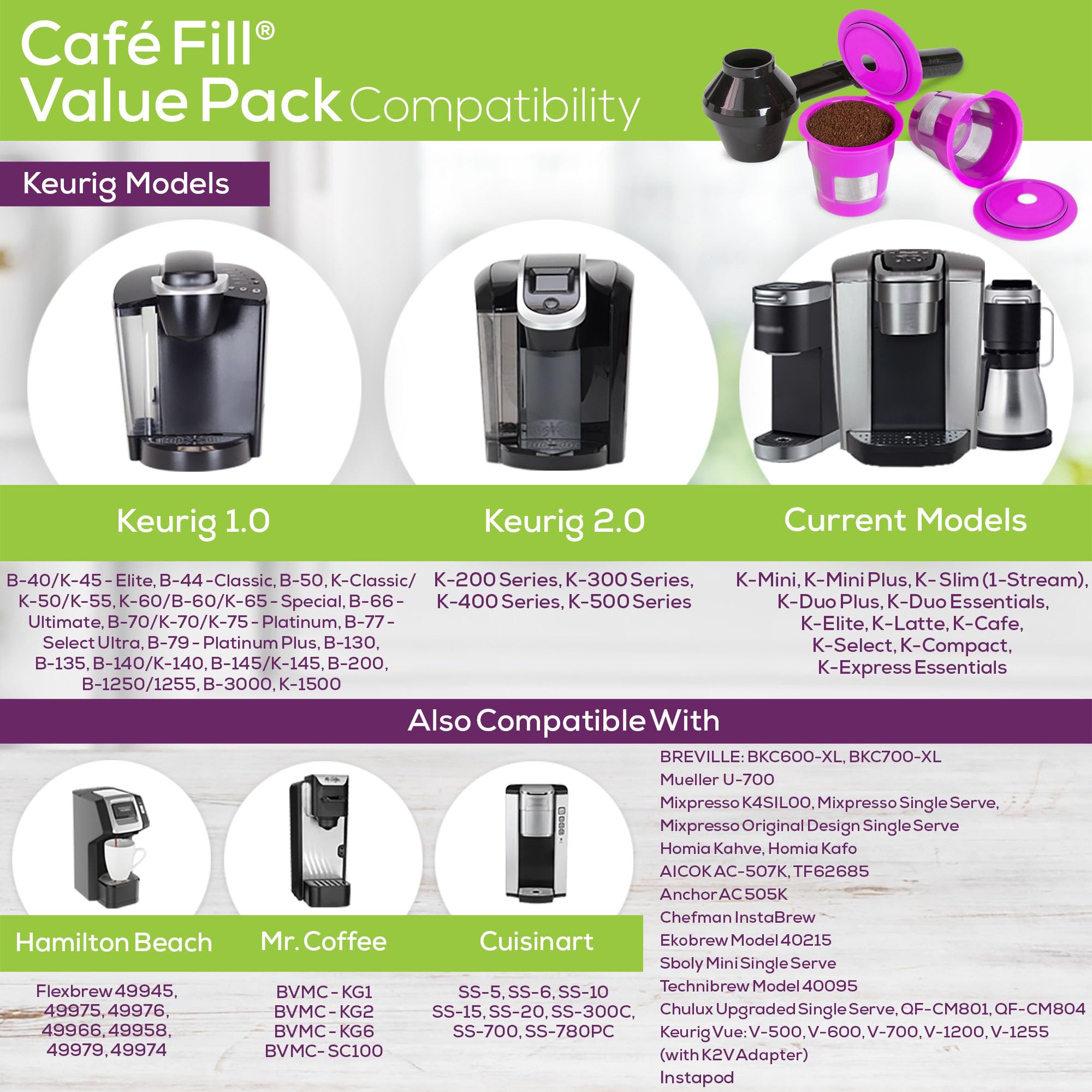 Cafe Fill Value Pack By Perfect Pod - Reusable K Cup Coffee Pod Filters & Scoop, Compatible With Keurig K-Duo, K-Mini, 1.0, 2.0,
