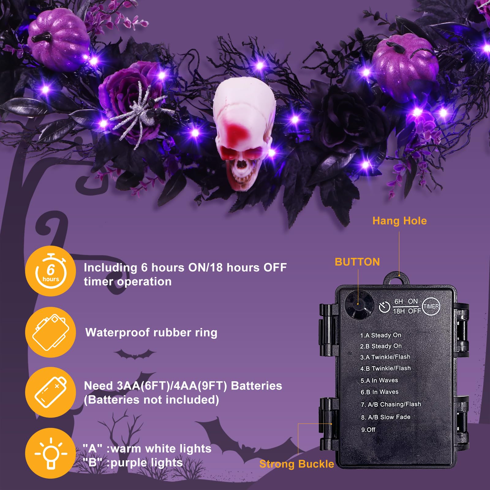 SHareconn 6FT Halloween Garland with Purple Lights Battery Operated and Timer, Pre-Lit Black Maple Leaves Garland Decorations fo