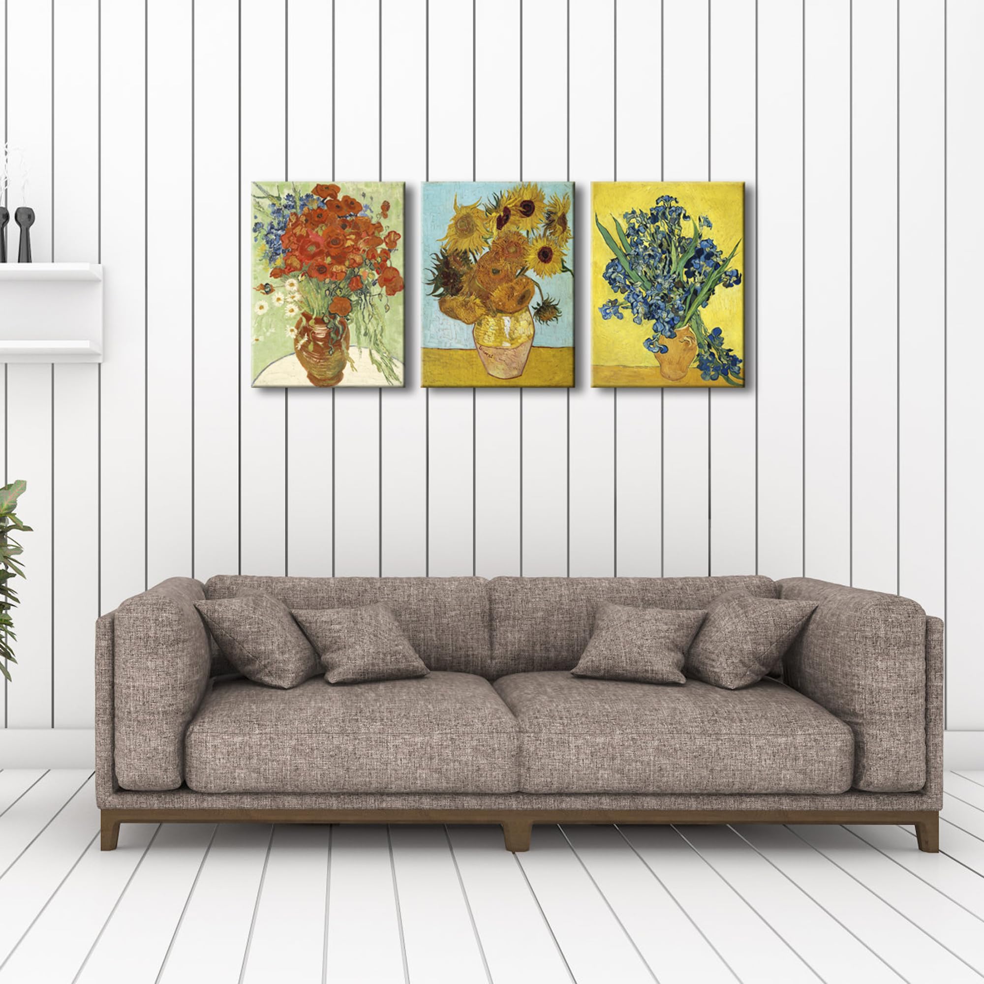 Wieco Art 3 Panels Canvas Prints Of Vincent Van Gogh Paintings Reproduction Red Poppies And Daisies Sunflower Irises In Vase Can