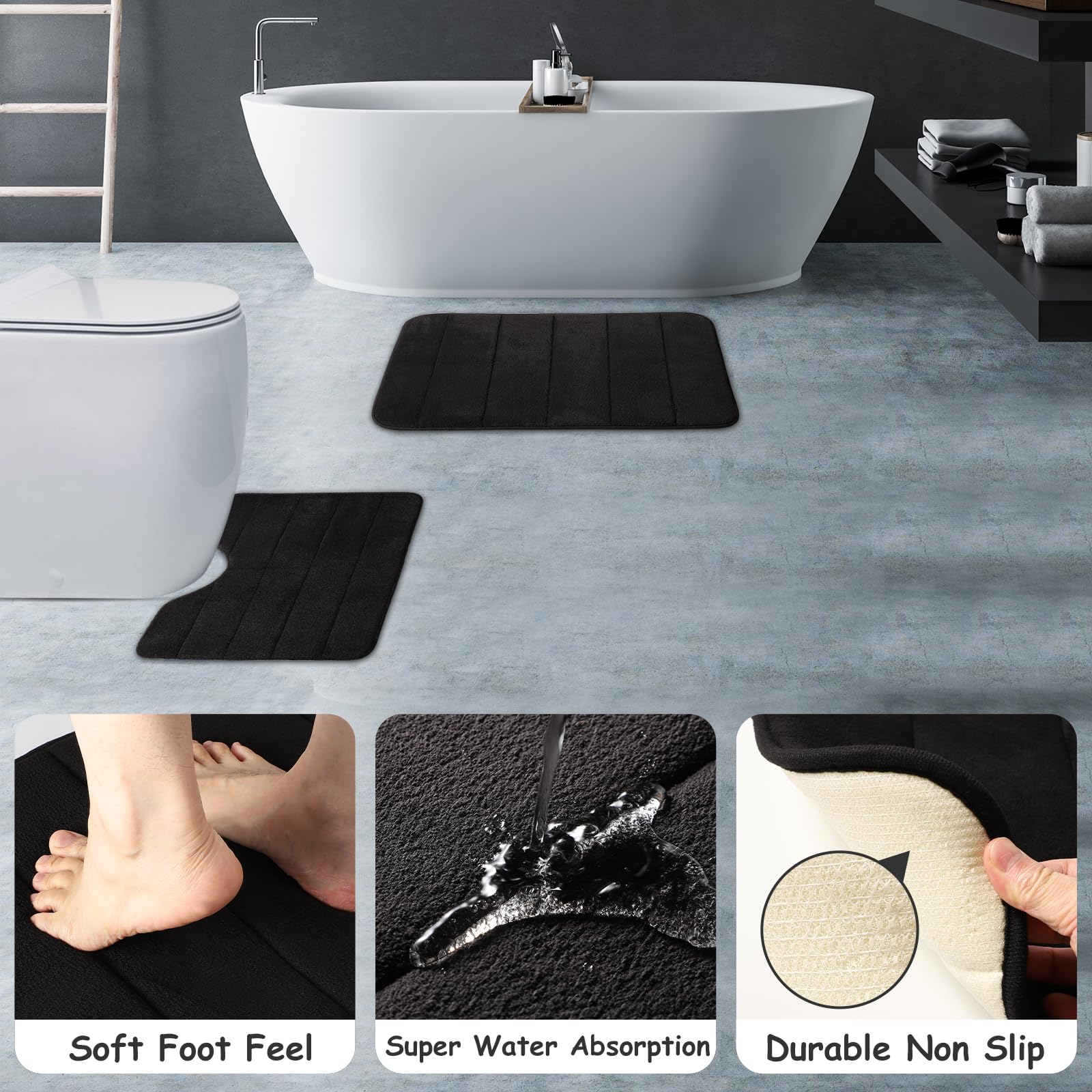 Complete Black Bathroom Accessories Set - Waffle Shower Curtain With Liner, Velvet Memory Foam Bath Rug, Trash Can, Toilet Brush
