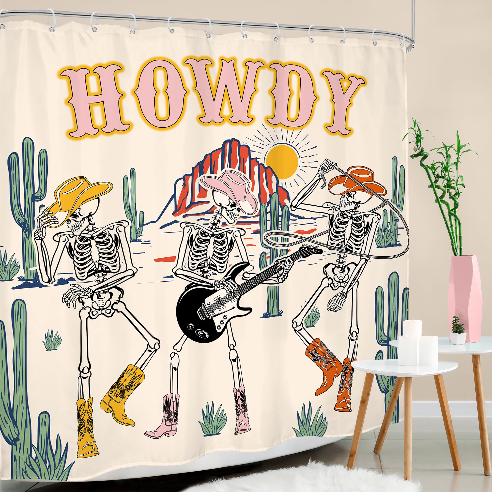 Mitpok Halloween Western Cowboy Skull Shower Curtain Funny Skeleton Retro Cowgirl Texas Howdy Funky Groovy Wild West Desert Goth