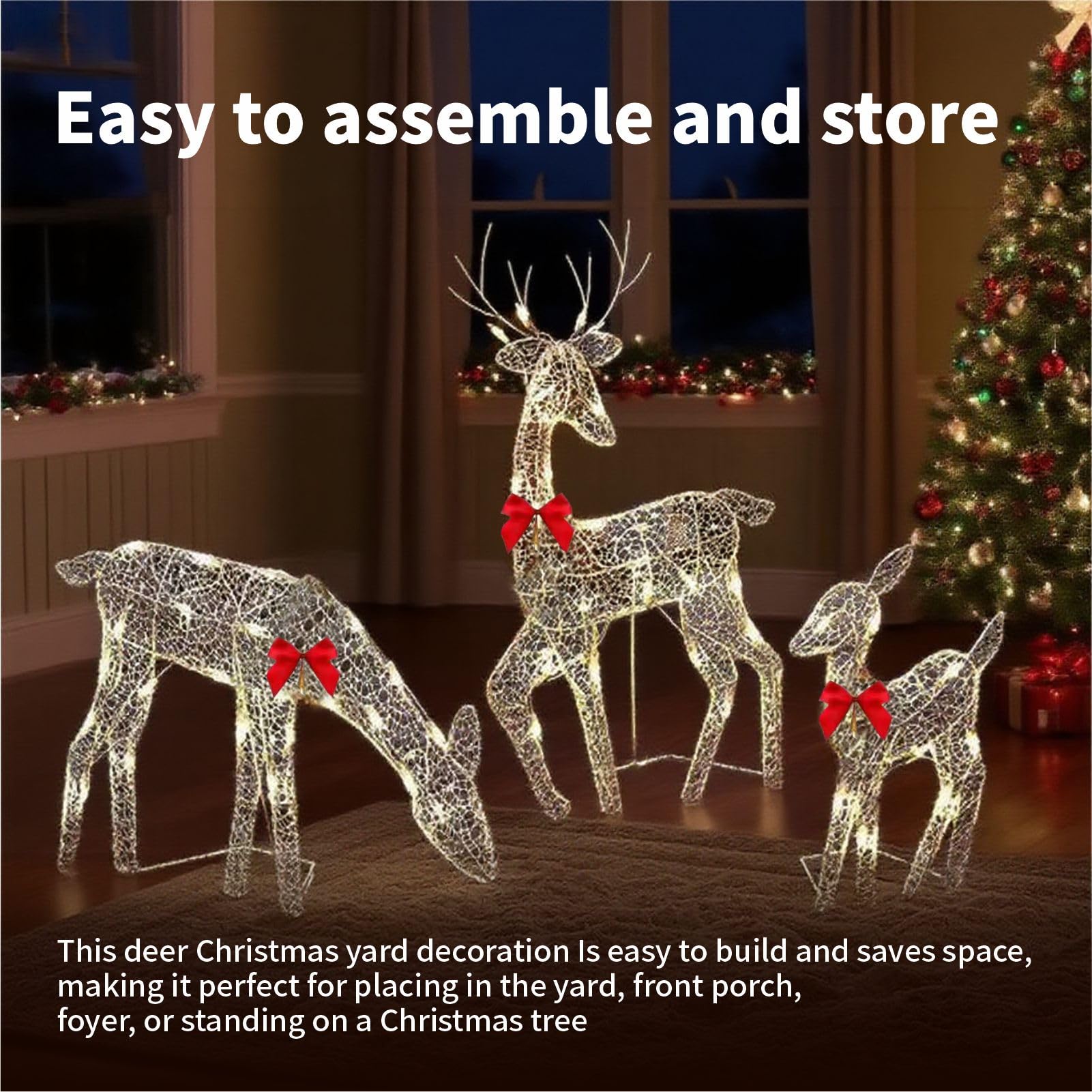 Pre-Lit Outdoor Christmas Deer Family Set, 2D Lighted Reindeer Decoration, 60 LED Warm White Lights, 3-Piece, Waterproof,Battery
